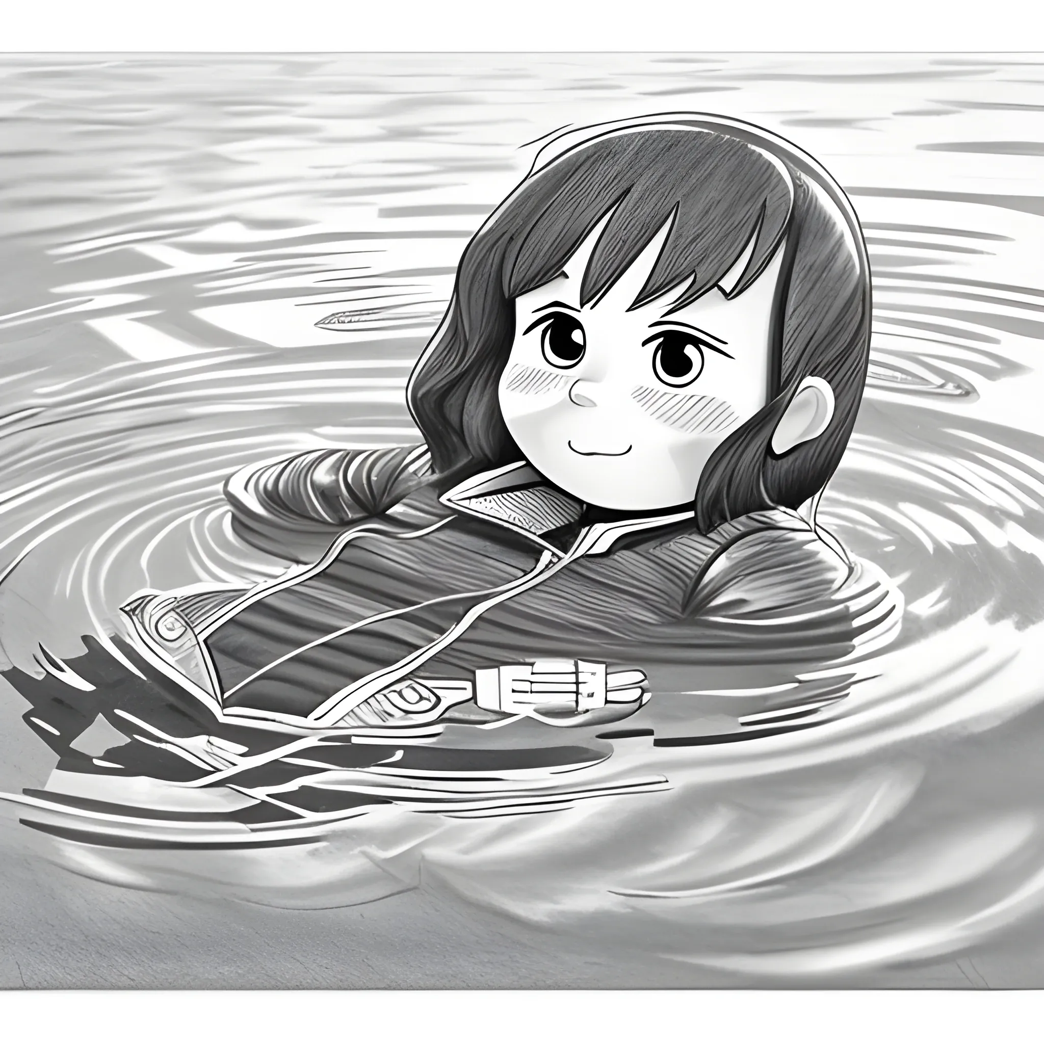 only jacket floating in the water, with line drawing style., Pencil Sketch, Cartoon