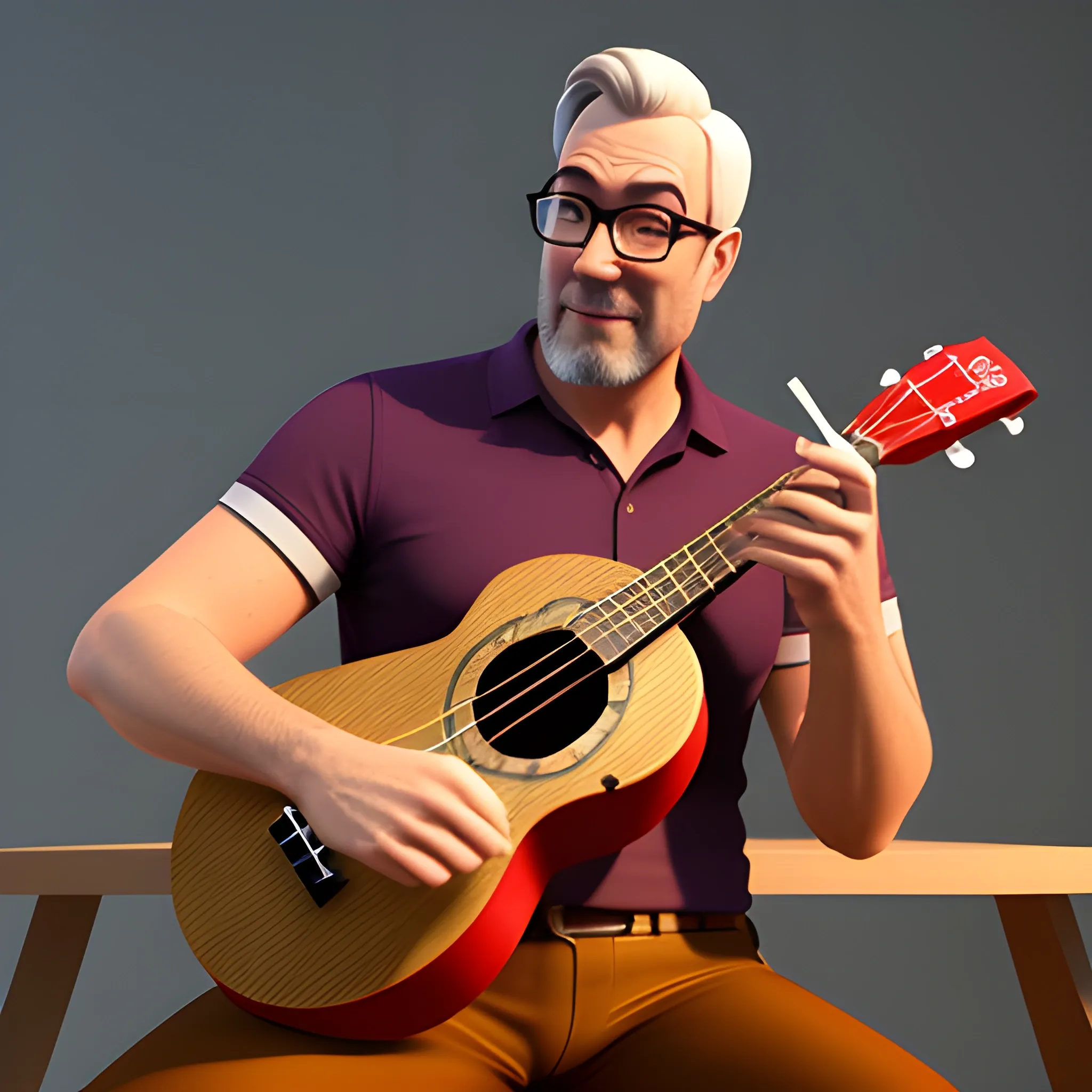 a young boy playing ukulele in a class rom , 3D, pixar style, light work