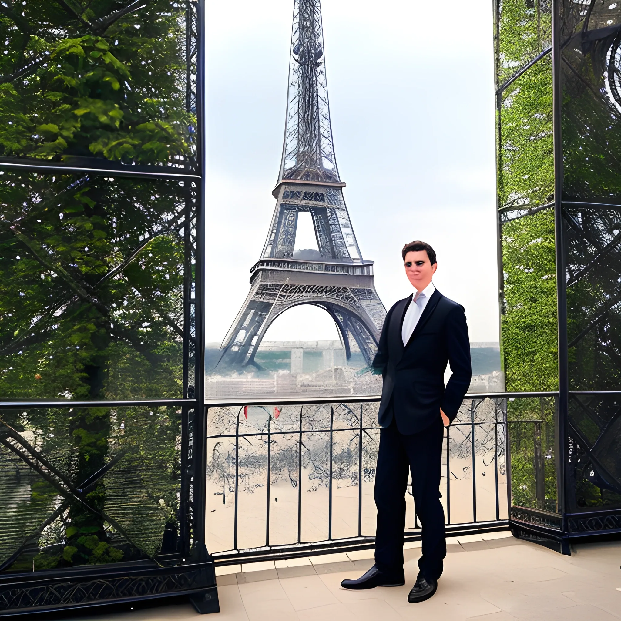 Photo of a man in Paris, Eiffel Tower, Elegant, Looking to the camara