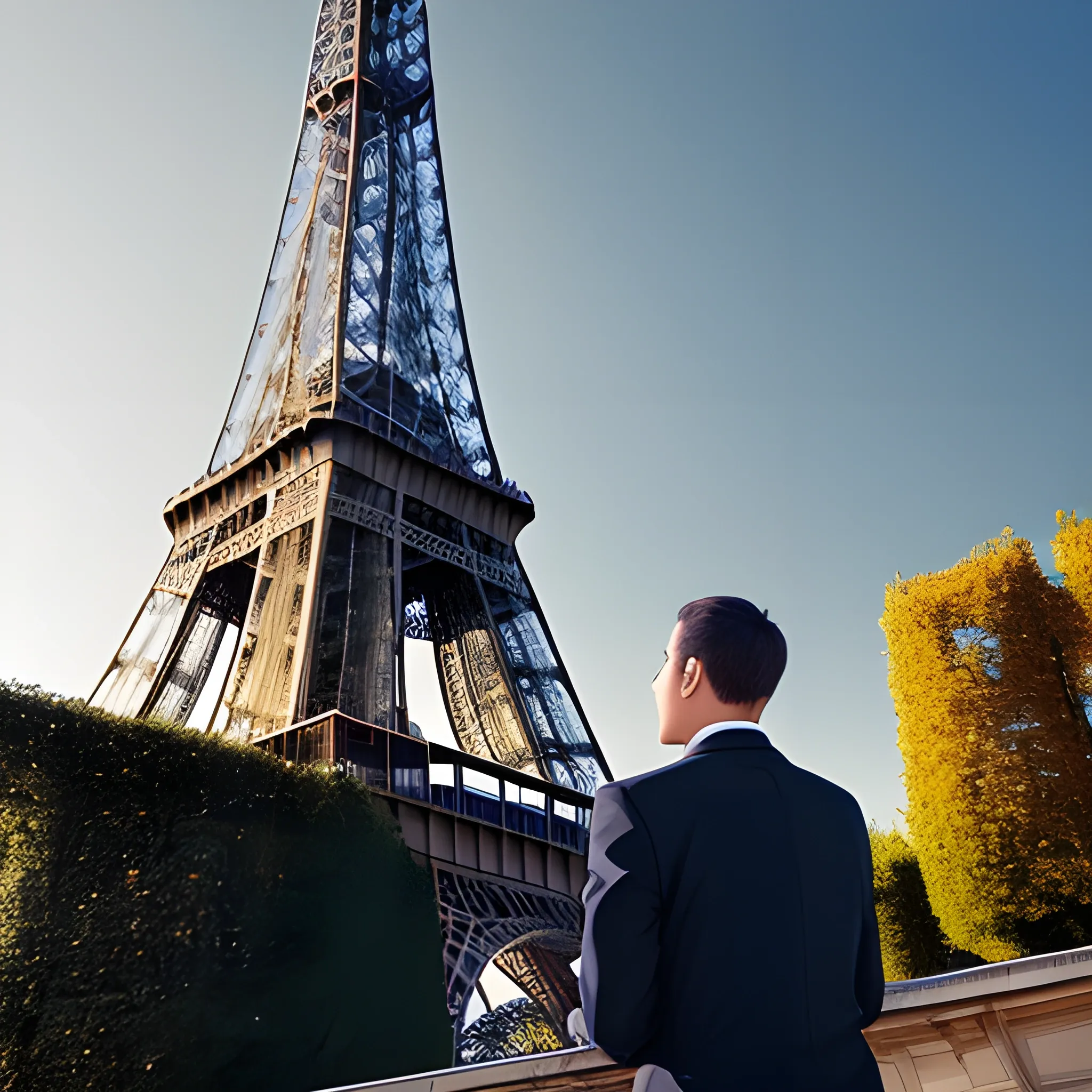 Photo of a man in Paris, Eiffel Tower, Elegant, Looking to the camara, 50 mpx, realistic
