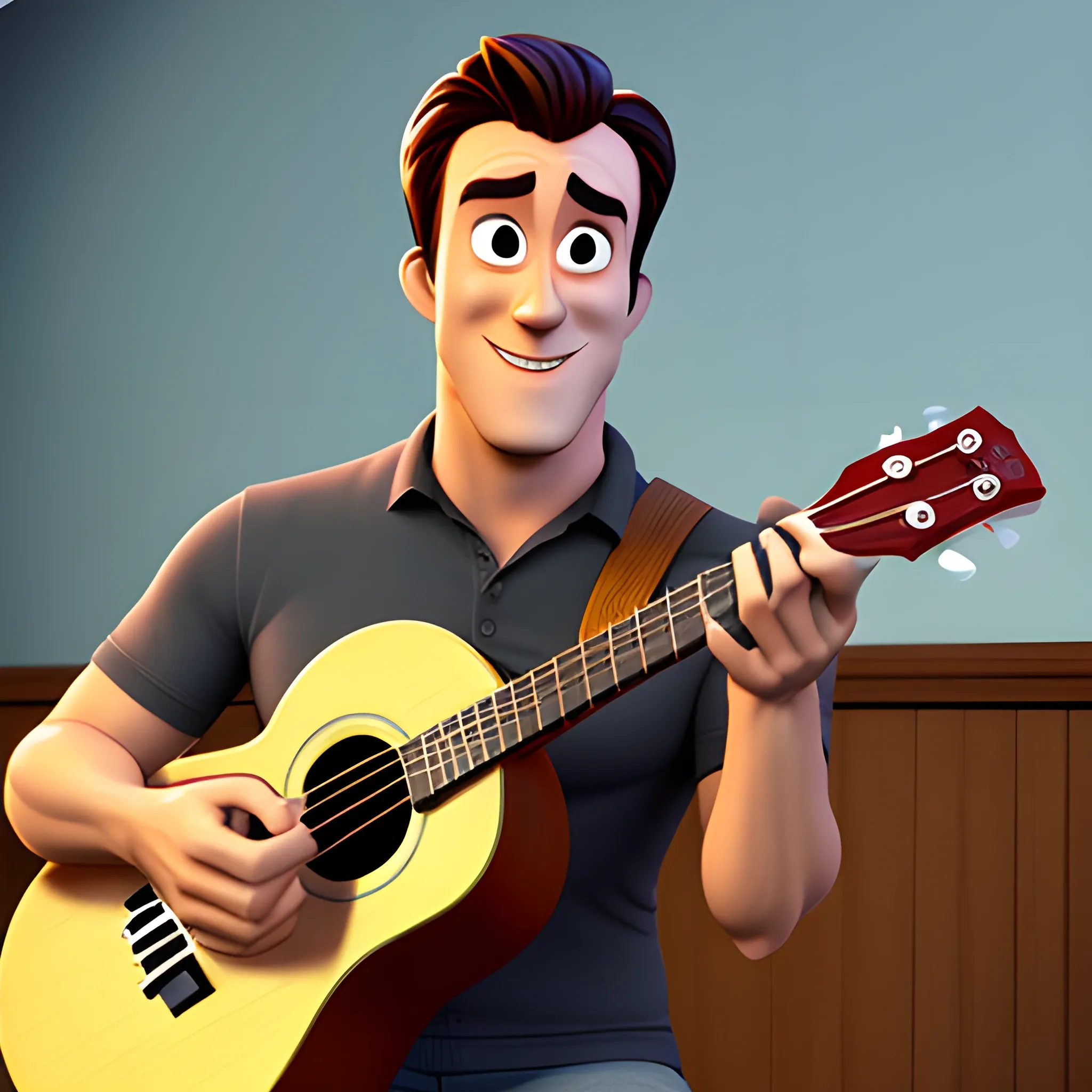 a 10 year boy playing ukulele in a class rom , 3D, pixar style, light work, Cartoon