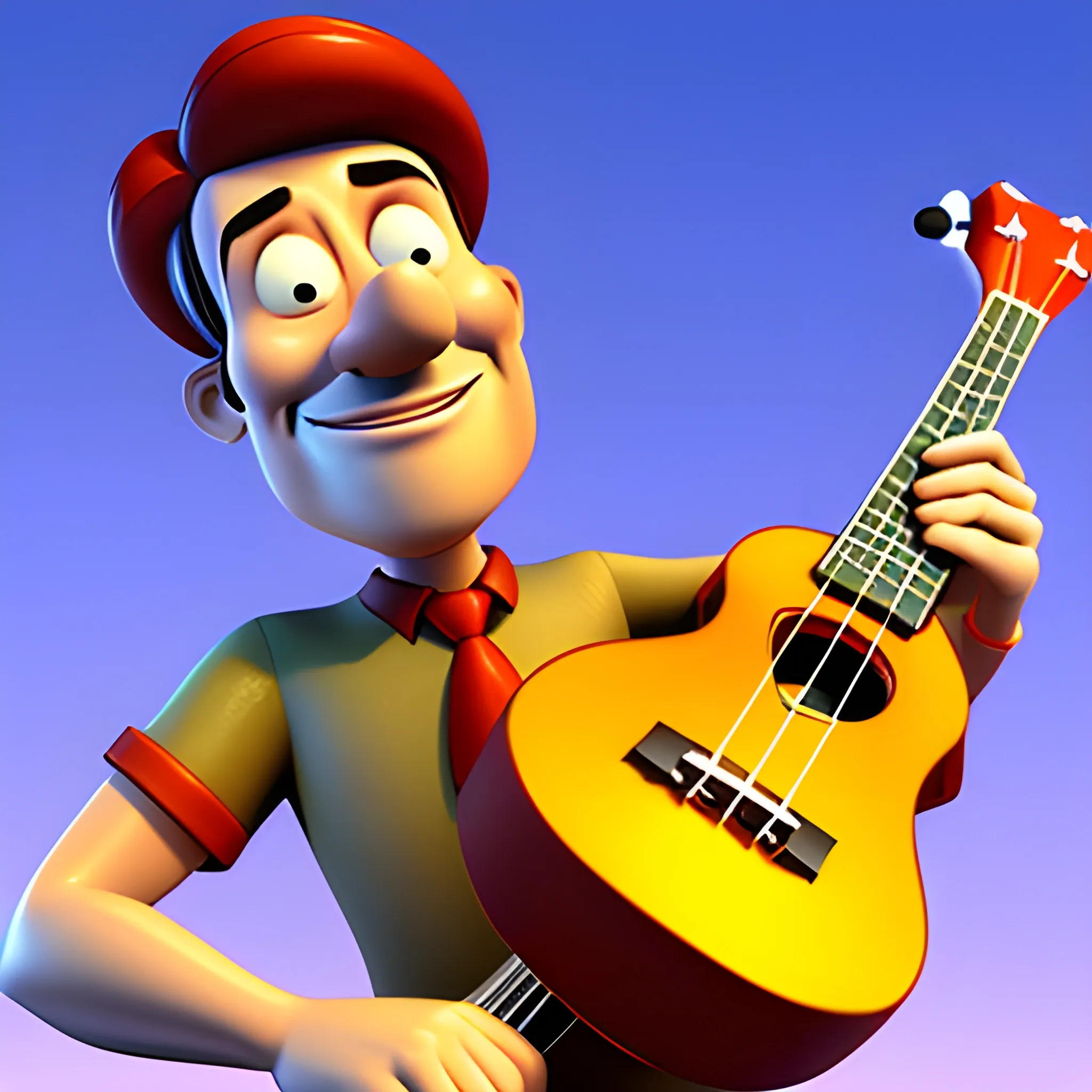 a kid playing ukulele in a class rom , 3D, pixar style, light work, Cartoon