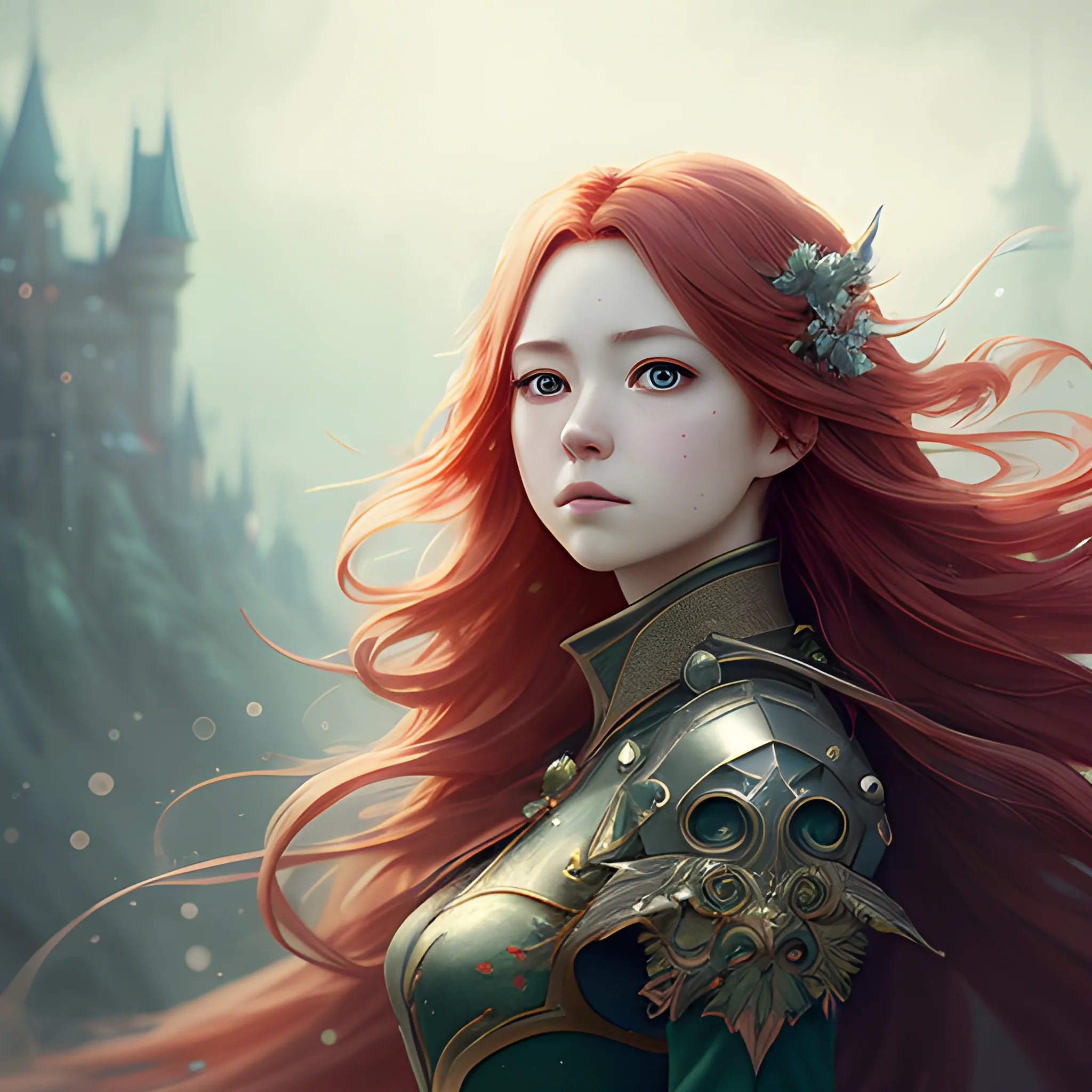 highly detailed, digital painting, trending on artstation, pixiv, concept art, sharp focus, illustration, art by Ross Tran and Greg Rutkowski and Walt Disney animation, red hair, beautiful long hair, red flowing hair, hair blowing in the wind, big green eyes, wearing detailed gown, Fantastic painting portrait by Karol Bak, Zhaoming Wu, Akihito Yoshida, bokeh,highly detailed,dof,fantasy ,beautiful,dynamic,lighting,award winning,crisp quality,hyperrealistic,hyperdetailed,4k resolution,