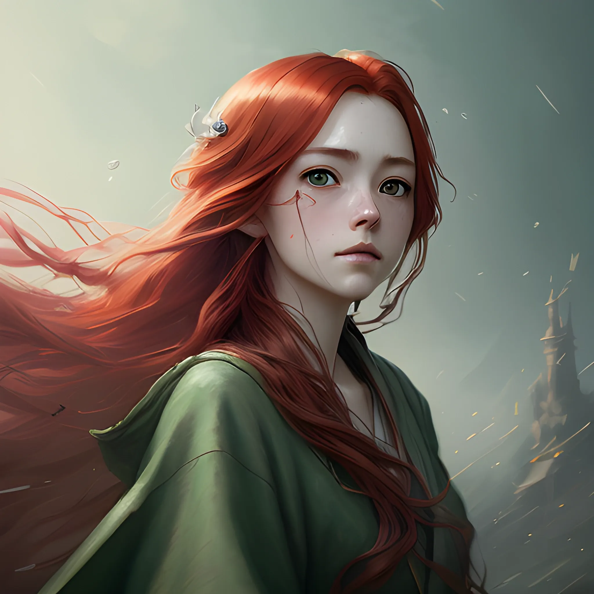 highly detailed, highly detailed background, digital painting, trending on artstation, pixiv, concept art, sharp focus, illustration, art by Ross Tran and Greg Rutkowski and Walt Disney animation, red hair, beautiful long hair, red flowing hair, hair blowing in the wind, big green eyes, wearing detailed green robes, beautiful detailed face, Fantastic painting portrait by Karol Bak, Zhaoming Wu, Akihito Yoshida, bokeh,highly detailed,dof,fantasy ,beautiful,dynamic,lighting,award winning,crisp quality,hyperrealistic,hyperdetailed,4k resolution,