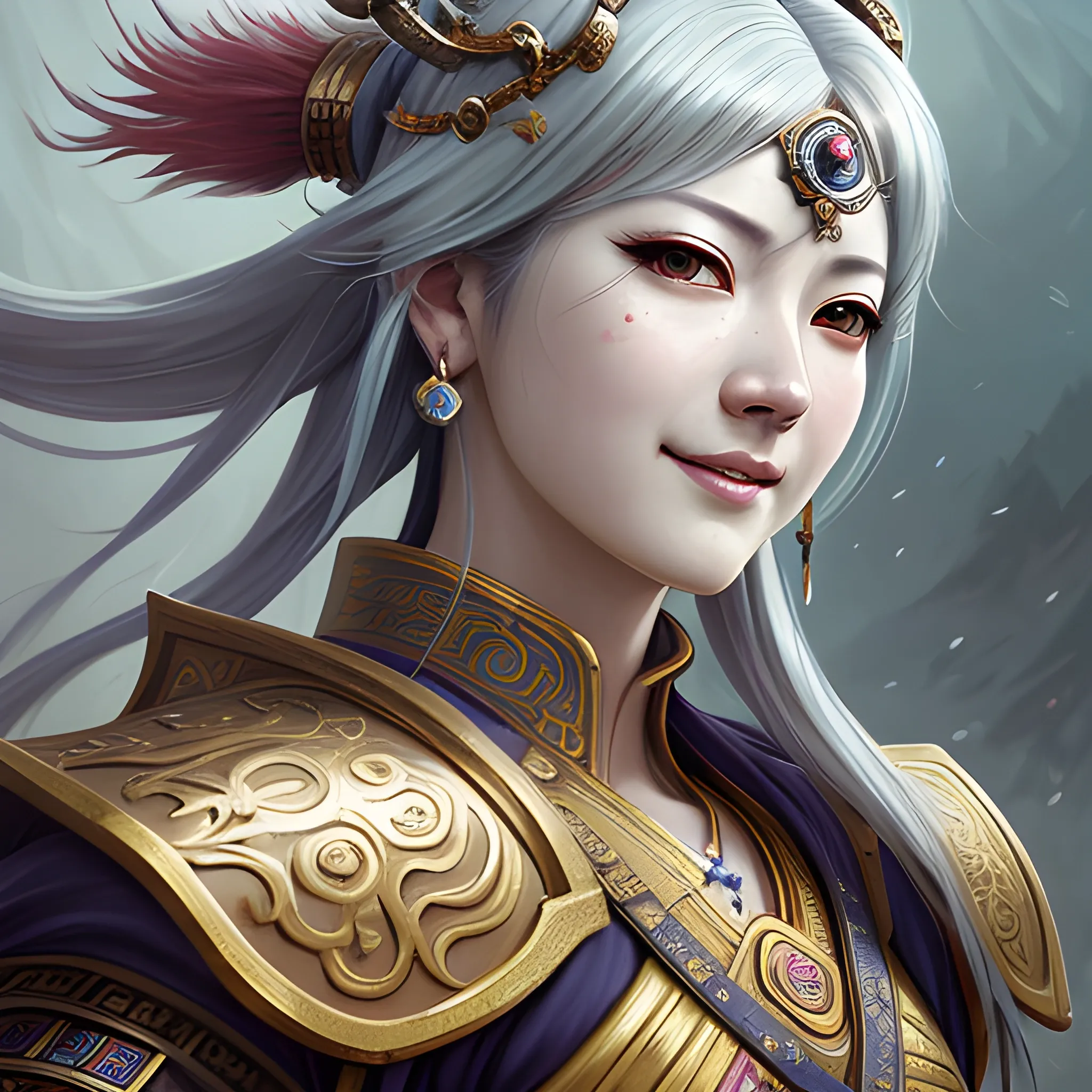 Koei Tecmo art work, Koei Tecmo wiki, Koei Tecmo, lian shi, lian shi dw fan art, dynasty warriors fan art, dynasty warriors, highly detailed, highly detailed background, digital painting, trending on artstation, pixiv, concept art, sharp focus, illustration, art by Ross Tran and Greg Rutkowski and Walt Disney animation, beautiful detailed face, happy, smile, Fantastic painting portrait by Karol Bak, Zhaoming Wu, Akihito Yoshida, bokeh,highly detailed,dof,fantasy ,beautiful,dynamic,lighting,award winning,crisp quality,hyperrealistic,hyperdetailed,4k resolution,