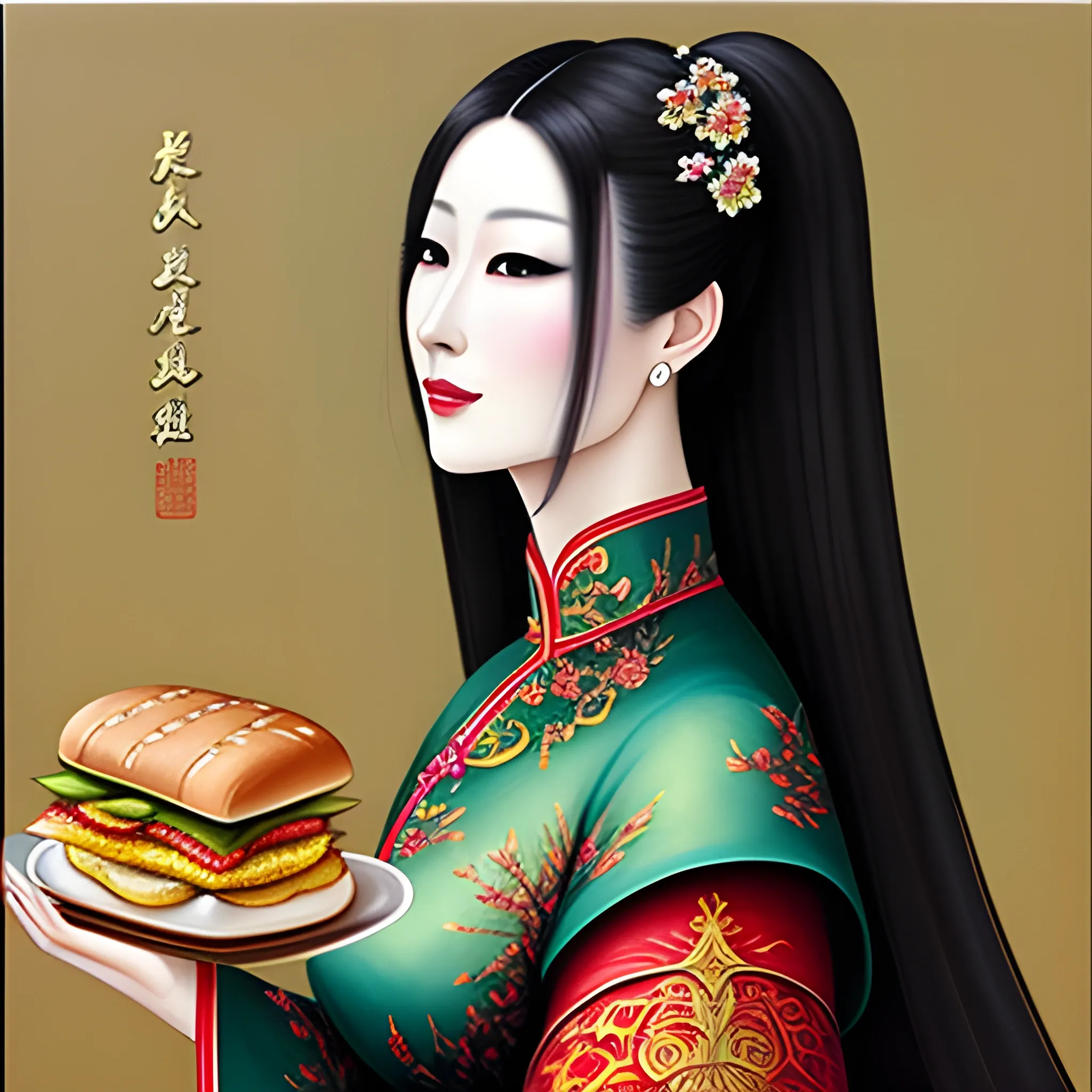 Oil painting art girl, Chinese beauty, colorful, realistic, high quality with a sandwich, Water Color