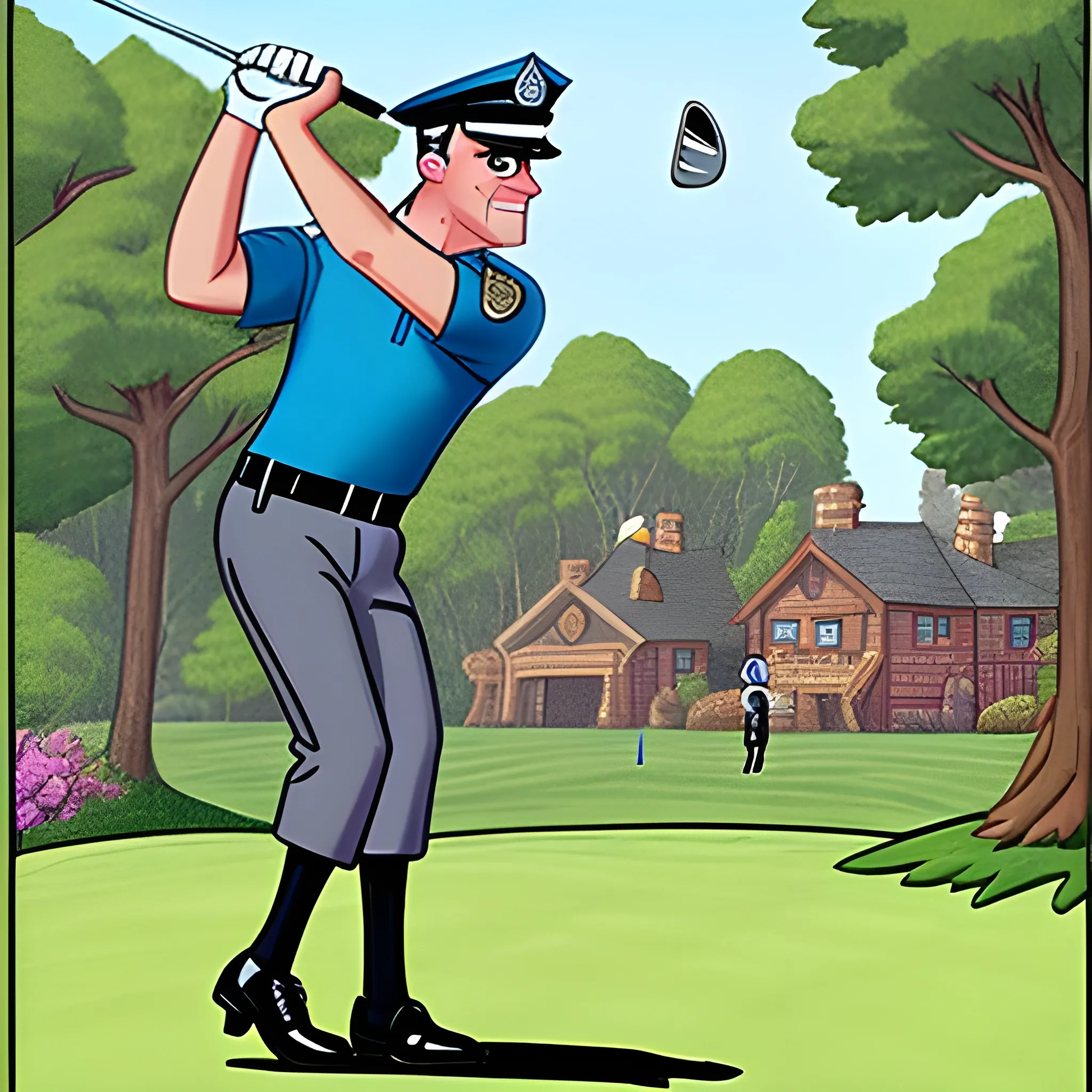 Officer Dibble. playing golf. wearing knickerbockers., Cartoon