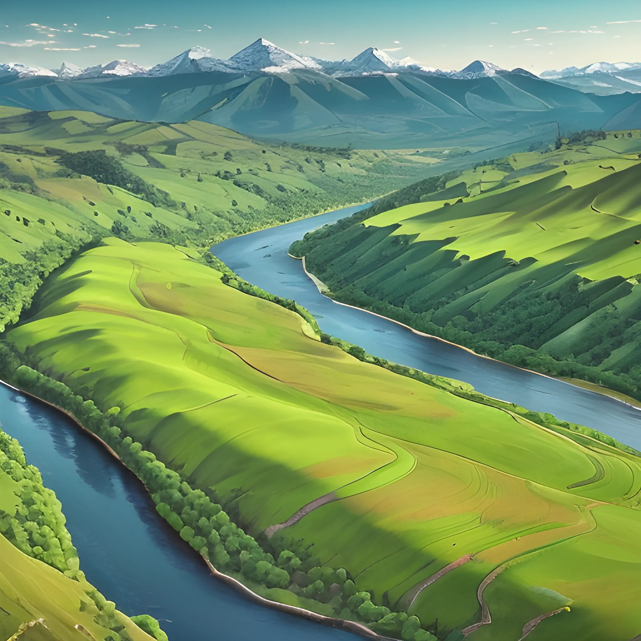 Birds eye view of a river over rolling green hills. moutains in the distance. fantasy land