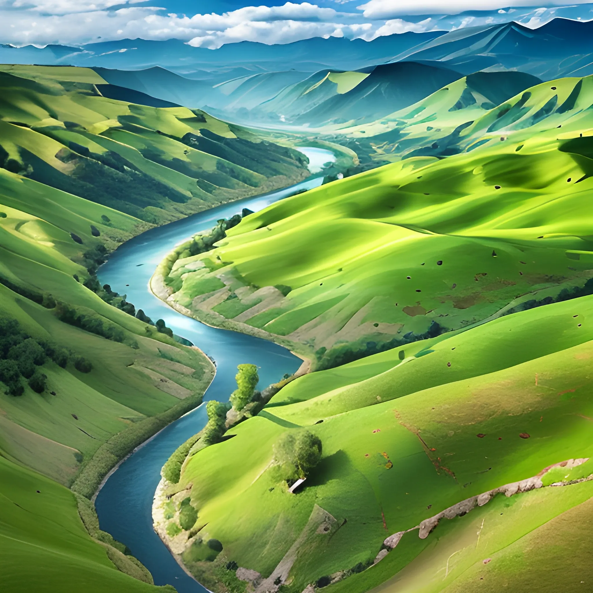 Birds eye view of a river over rolling green hills. moutains in the distance. fantasy land