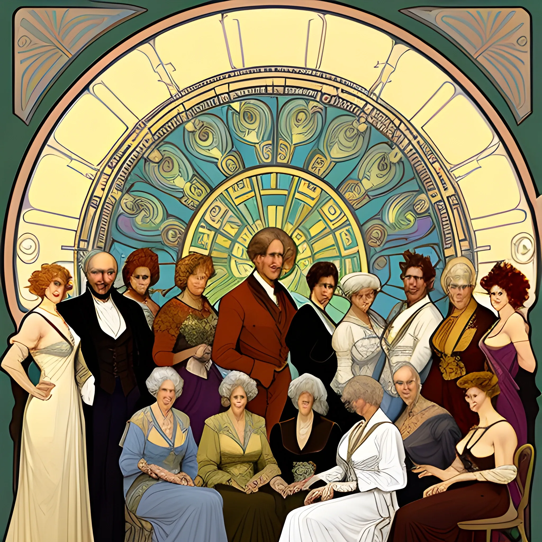 portrait of a couple in their sixties with their five grown daughters and their four grown sons in the style of Alphonse Mucha's painting titled "Lorenzaccio"