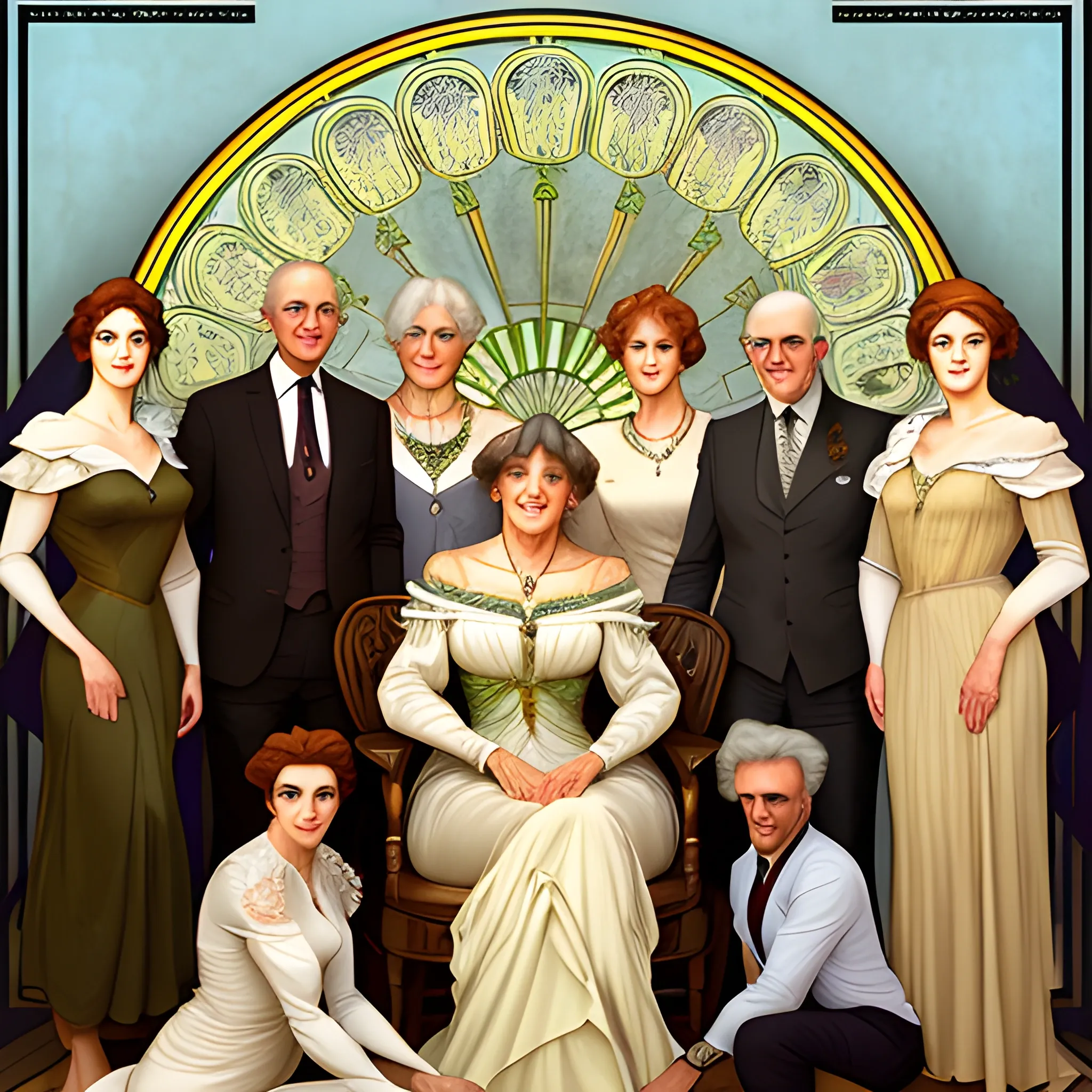 Photo-realistic portrait of a couple in their sixties with their five grown daughters and their four grown sons in the style of Alphonse Mucha's painting titled "Lorenzaccio"