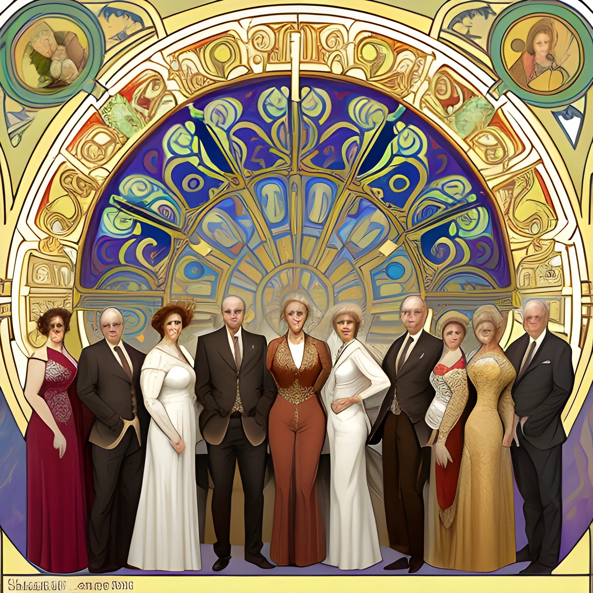 A detailed, photo-realistic portrait of a couple in their sixties with their five grown daughters and their four grown sons in the style of Alphonse Mucha's painting titled "Lorenzaccio."