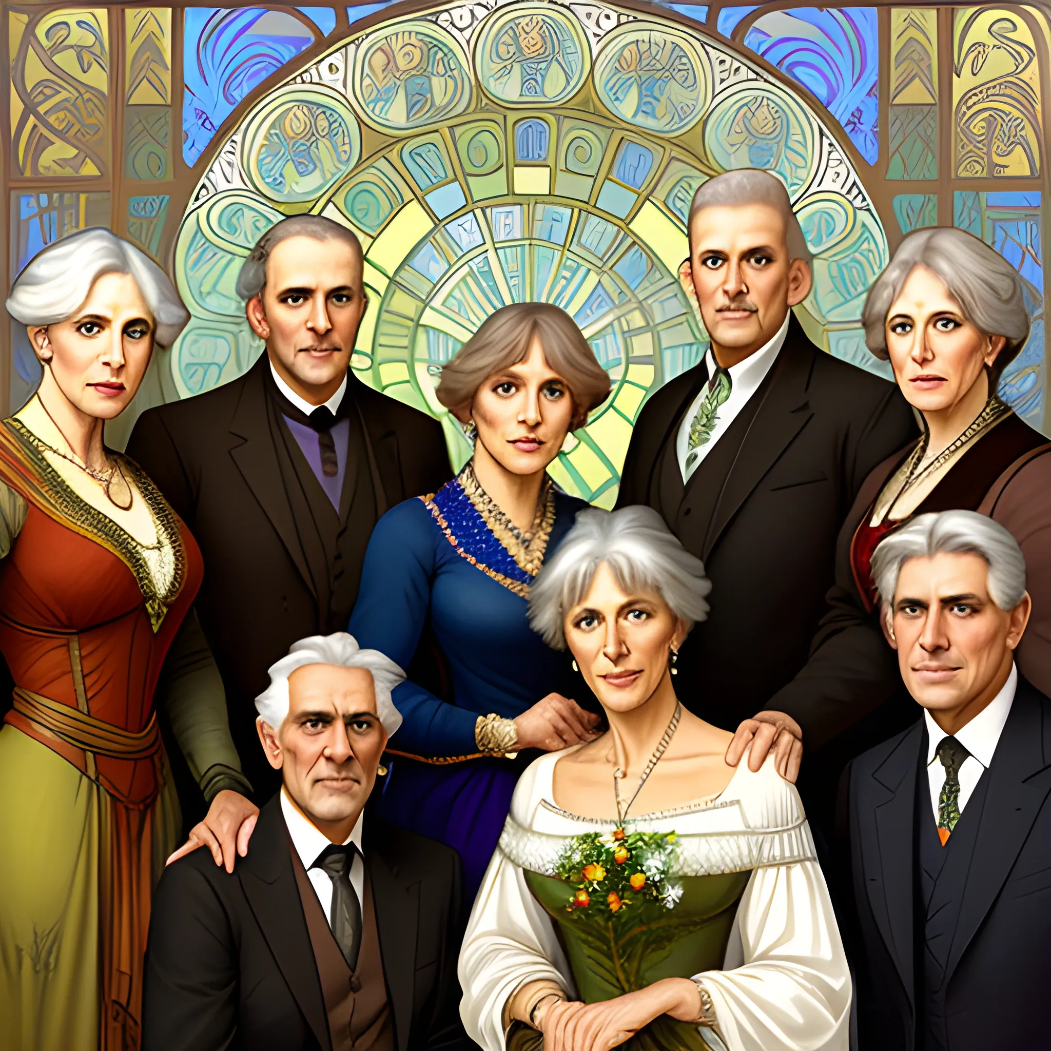 A detailed, photo-realistic portrait of a couple in their sixties with their five grown-up daughters and their four grown-up sons in the style of Alphonse Mucha's painting titled "Lorenzaccio."