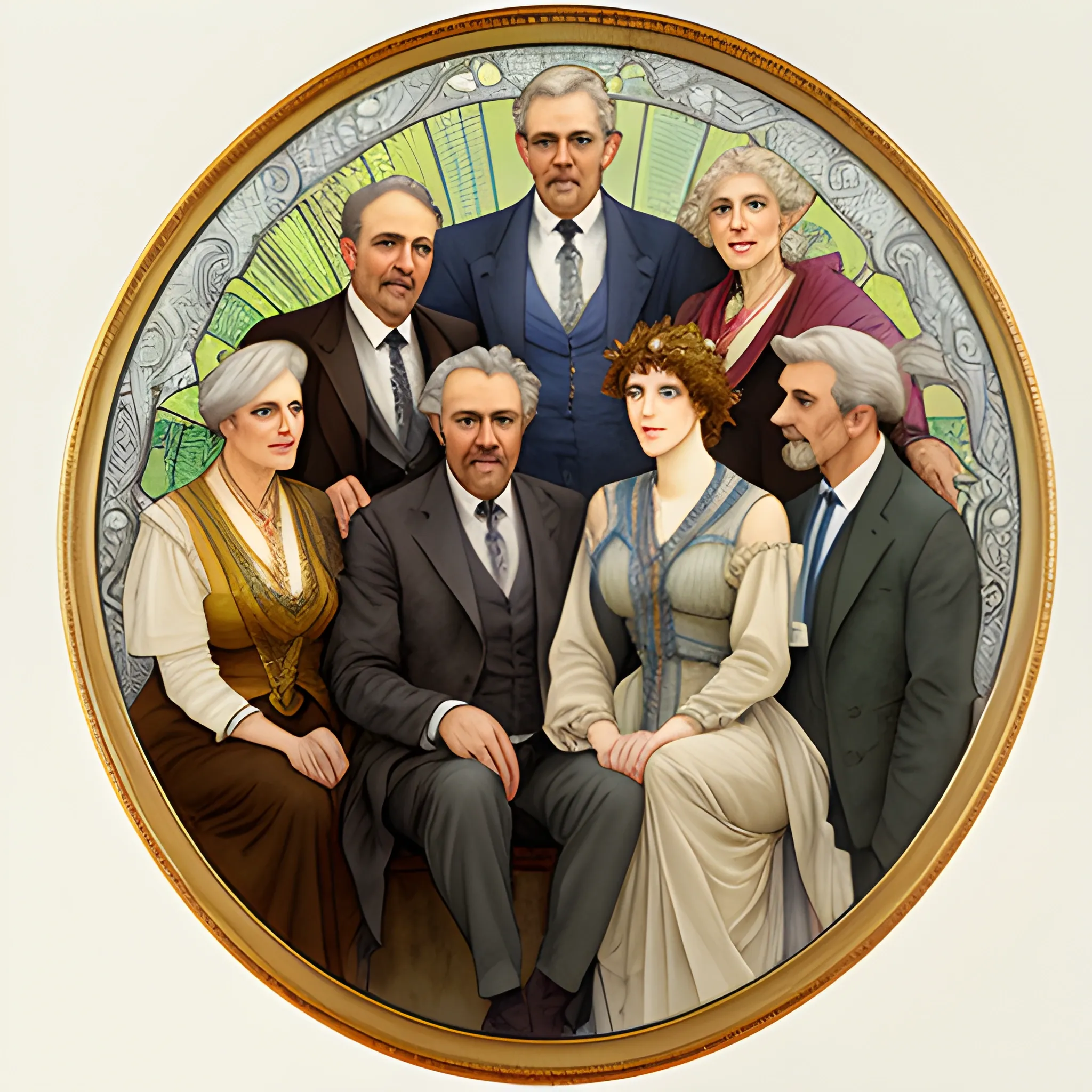 A detailed, photo-realistic, watercolor portrait of a couple in their sixties with their five grown-up daughters and their four grown-up sons in the style of Alphonse Mucha's painting titled "Lorenzaccio."