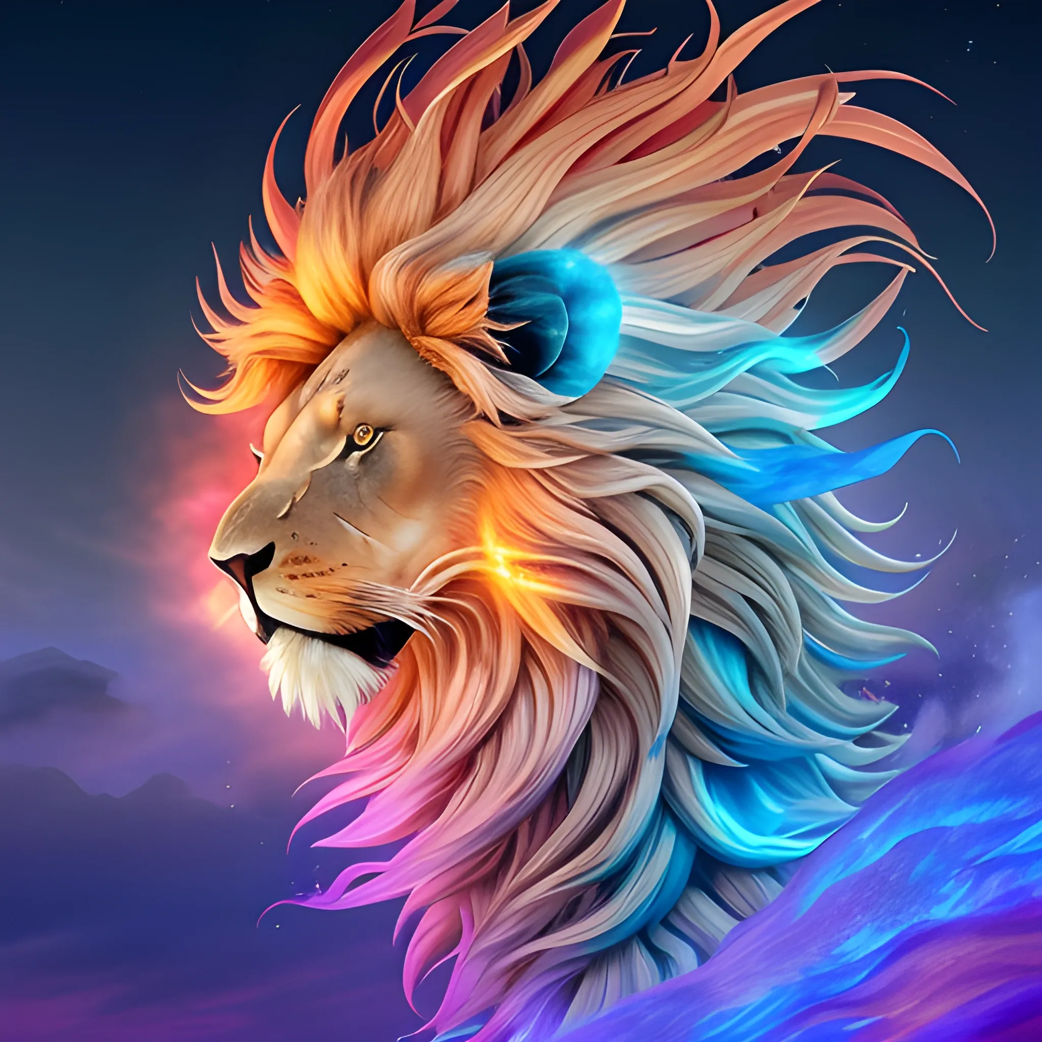 lion spectral de feu doré avec une crinière flamboyante et des ailes de plumes étincellantes, survolant un océan translucide peuplé de poissons multicolores, des nuages orageux en arrière plan et un soleil rougeoyant couchant à l'horizon , 3D