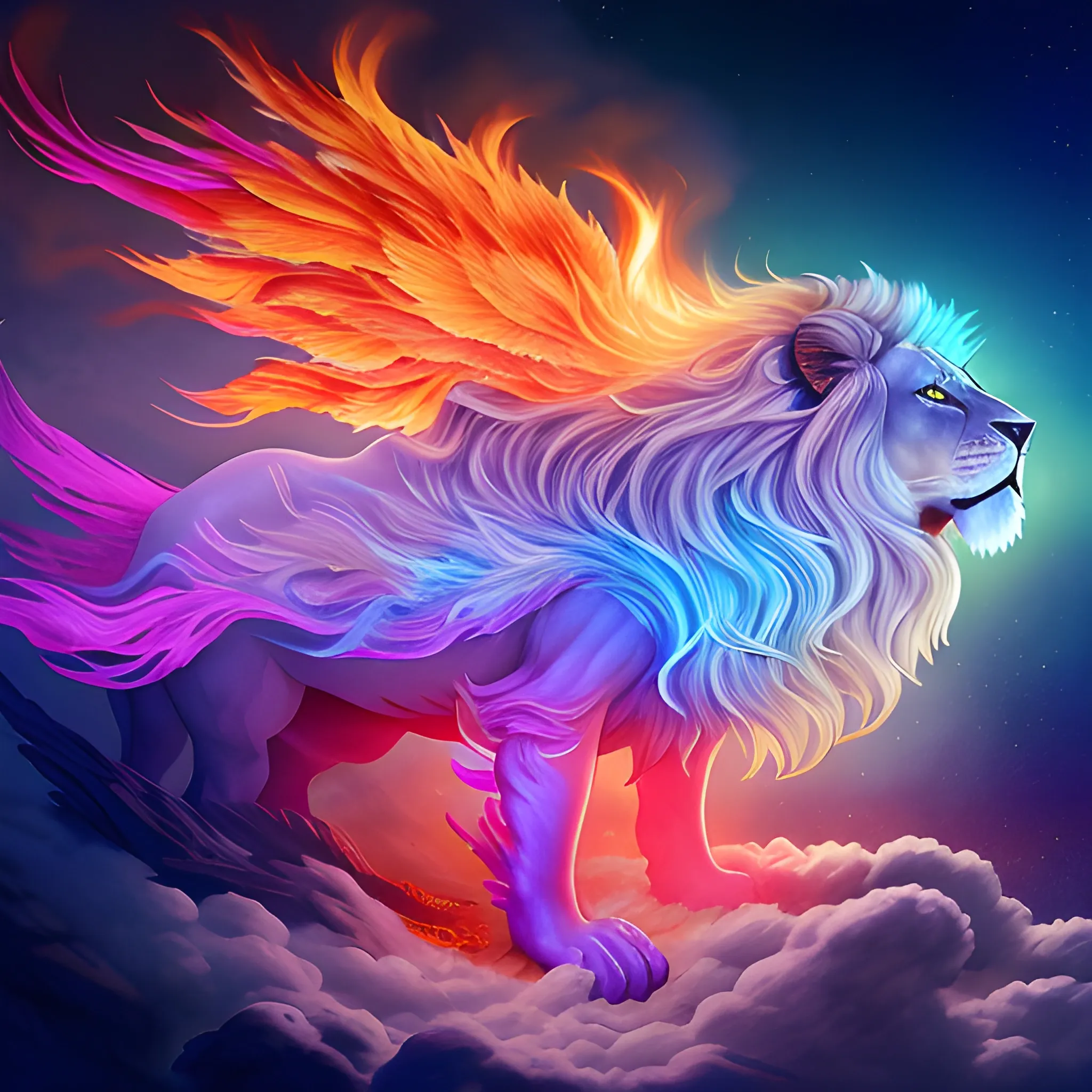 lion spectral de feu doré avec une crinière flamboyante et des ailes de plumes étincellantes  survolant un océan translucide peuplé de poissons multicolores des nuages orageux en arrière plan et un soleil rougeoyant couchant à l'horizon 