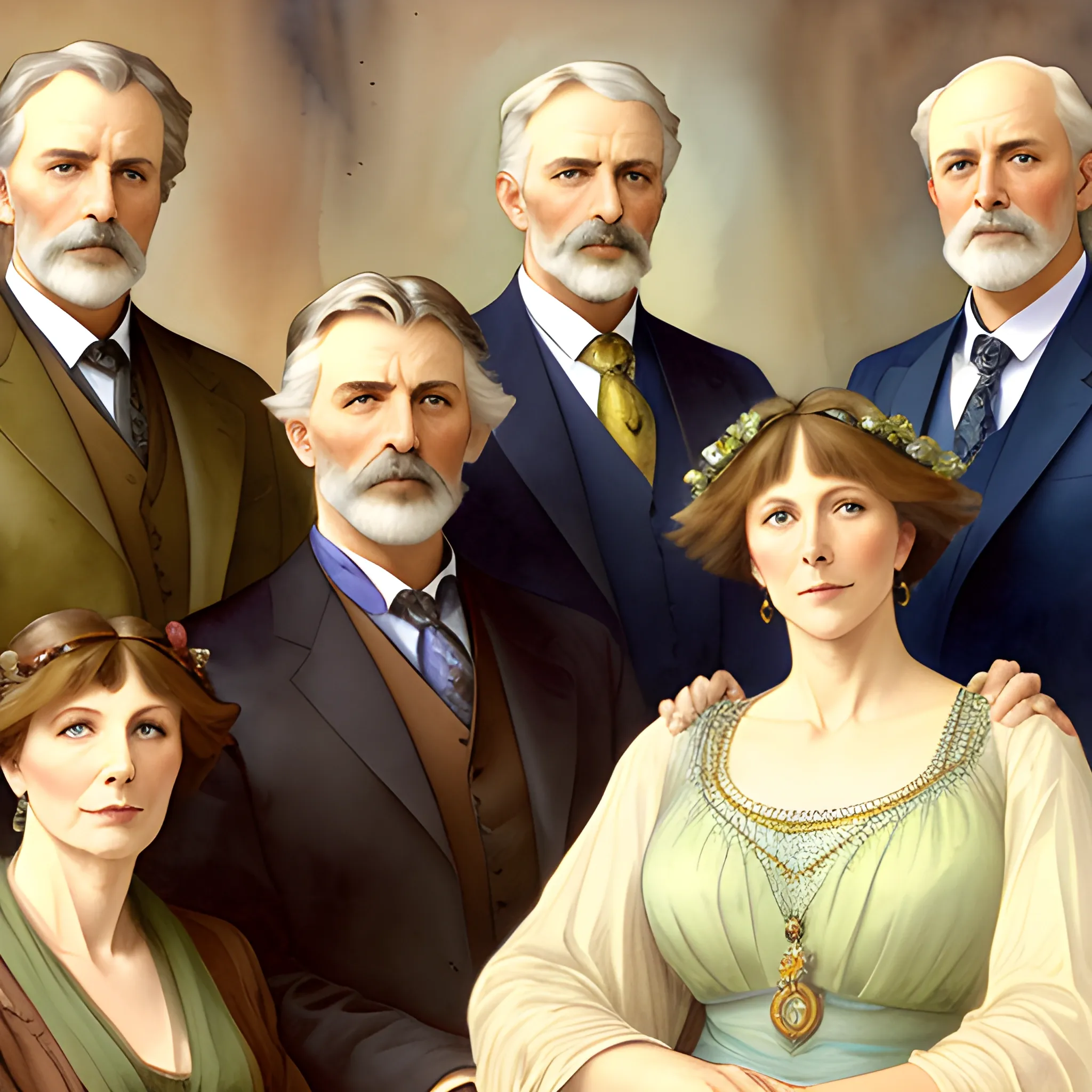 A detailed, photo-realistic, watercolor portrait of a couple in their sixties with their five grown-up daughters and their four grown-up sons in the style of Alphonse Mucha's paintings titled "Lorenzaccio" and "La Plume"