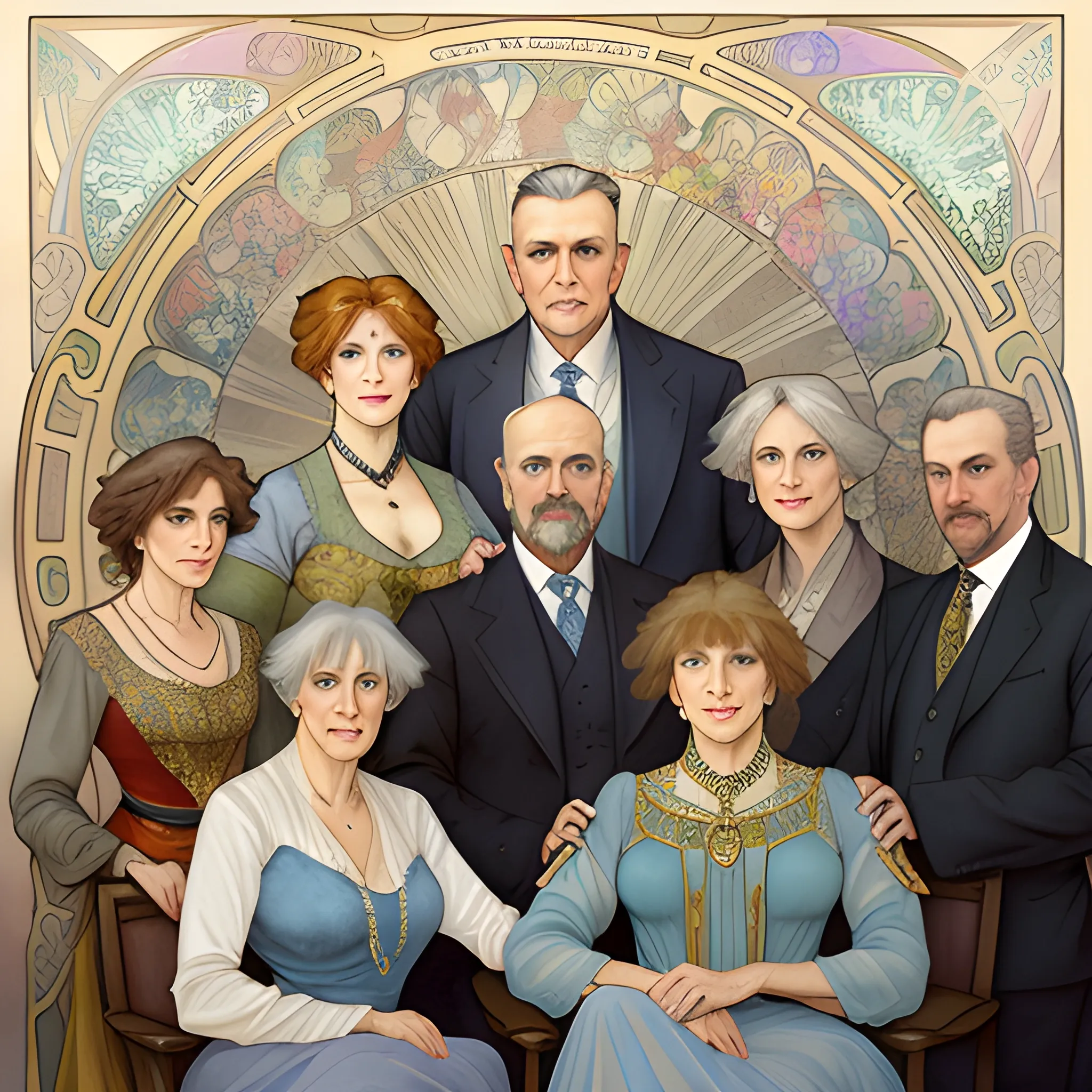 A detailed, photorealistic, watercolor portrait of a couple in their sixties with their five grown-up daughters and their four grown-up sons in the style of Alphonse Mucha's painting titled "La Plume"