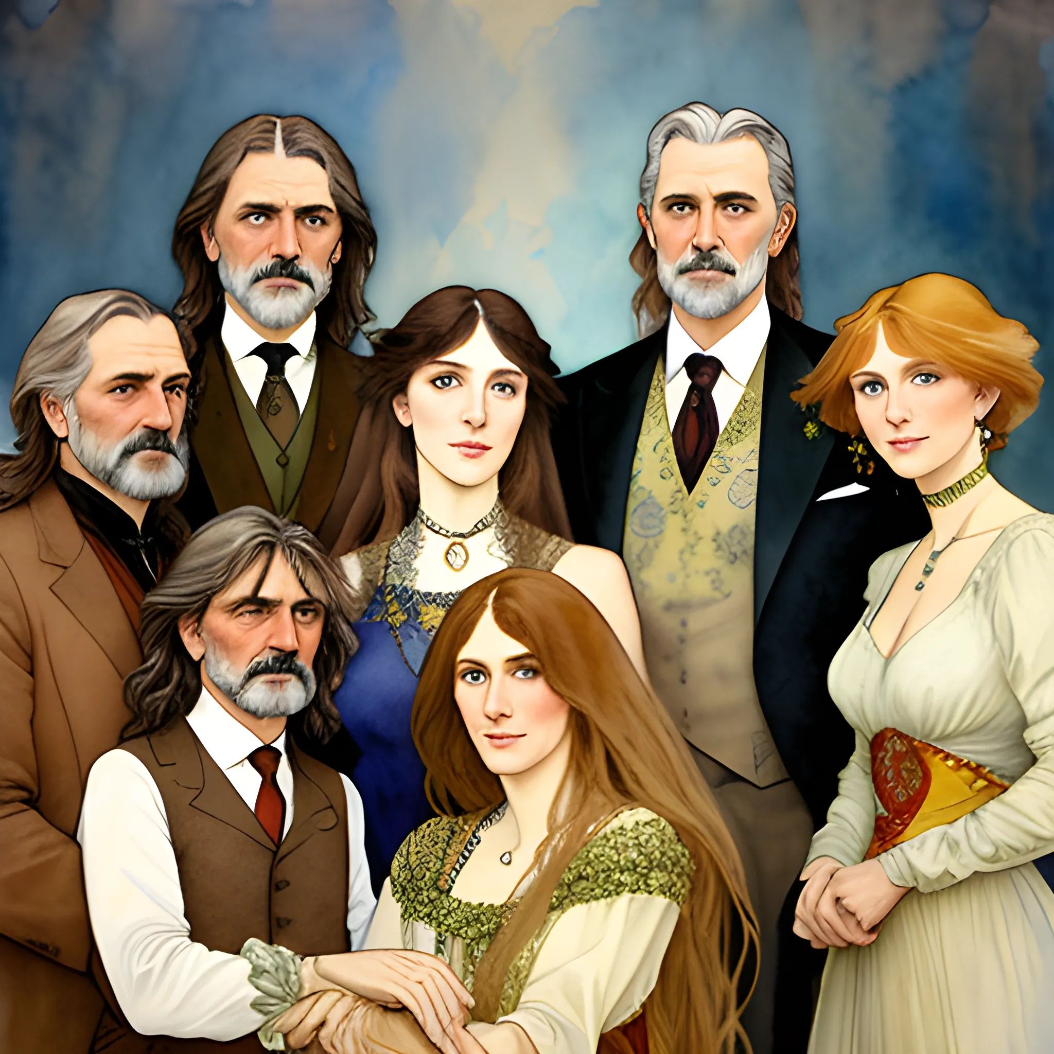 A detailed, photorealistic watercolor portrait of a couple in their sixties with their five long-haired, grown-up daughters and their four grown-up sons in the style of Alphonse Mucha's painting titled "La Plume"