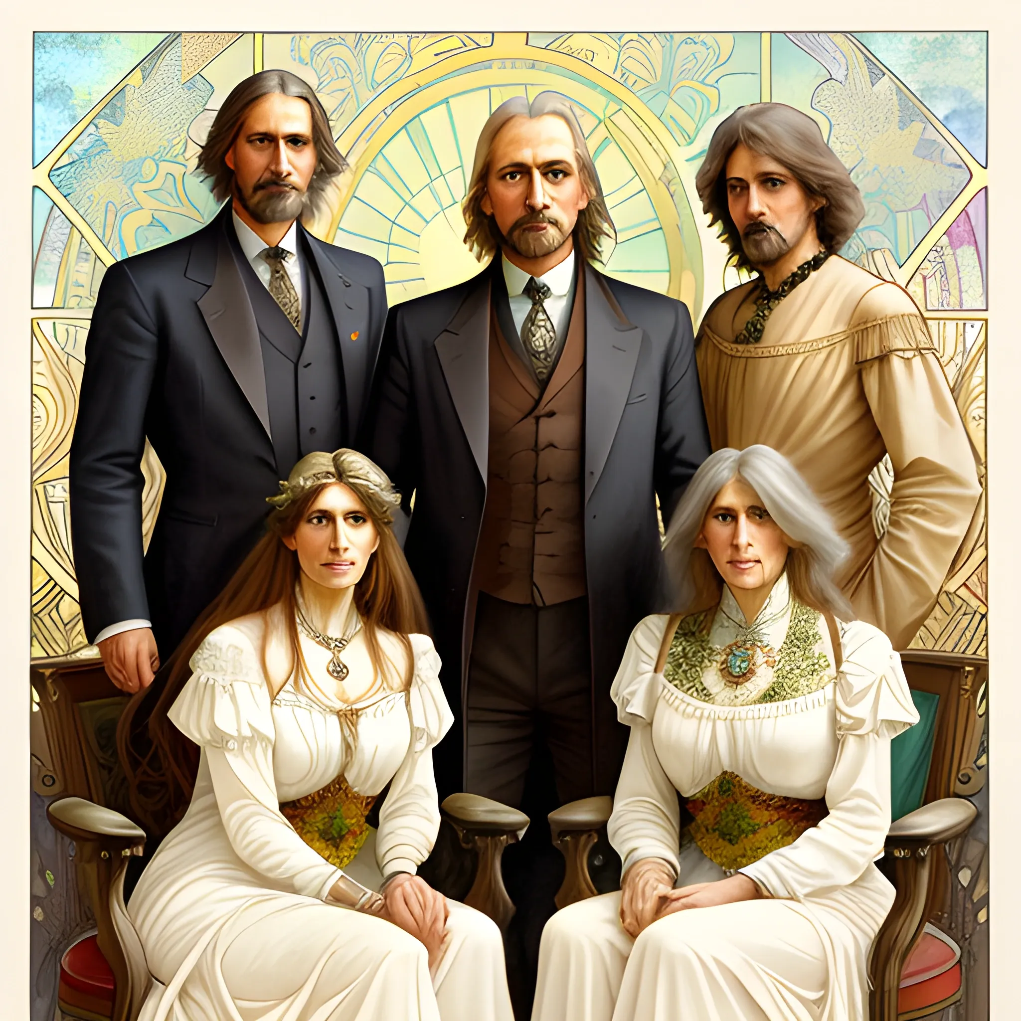 A detailed, photorealistic watercolor portrait of a couple in their sixties with their five long-haired, adult daughters and their four short-haired adult sons in the style of Alphonse Mucha's painting titled "La Plume"