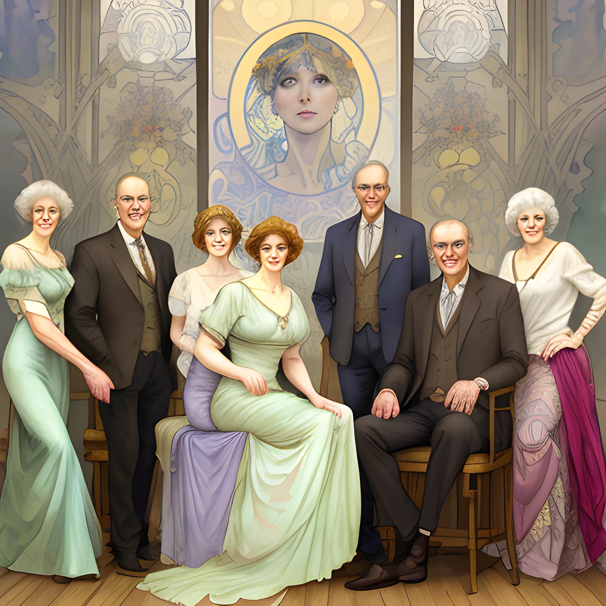 A detailed, photorealistic watercolor portrait of a couple in their sixties with their five young adult daughters and their four young adult sons in the style of Alphonse Mucha's painting titled "La Plume"