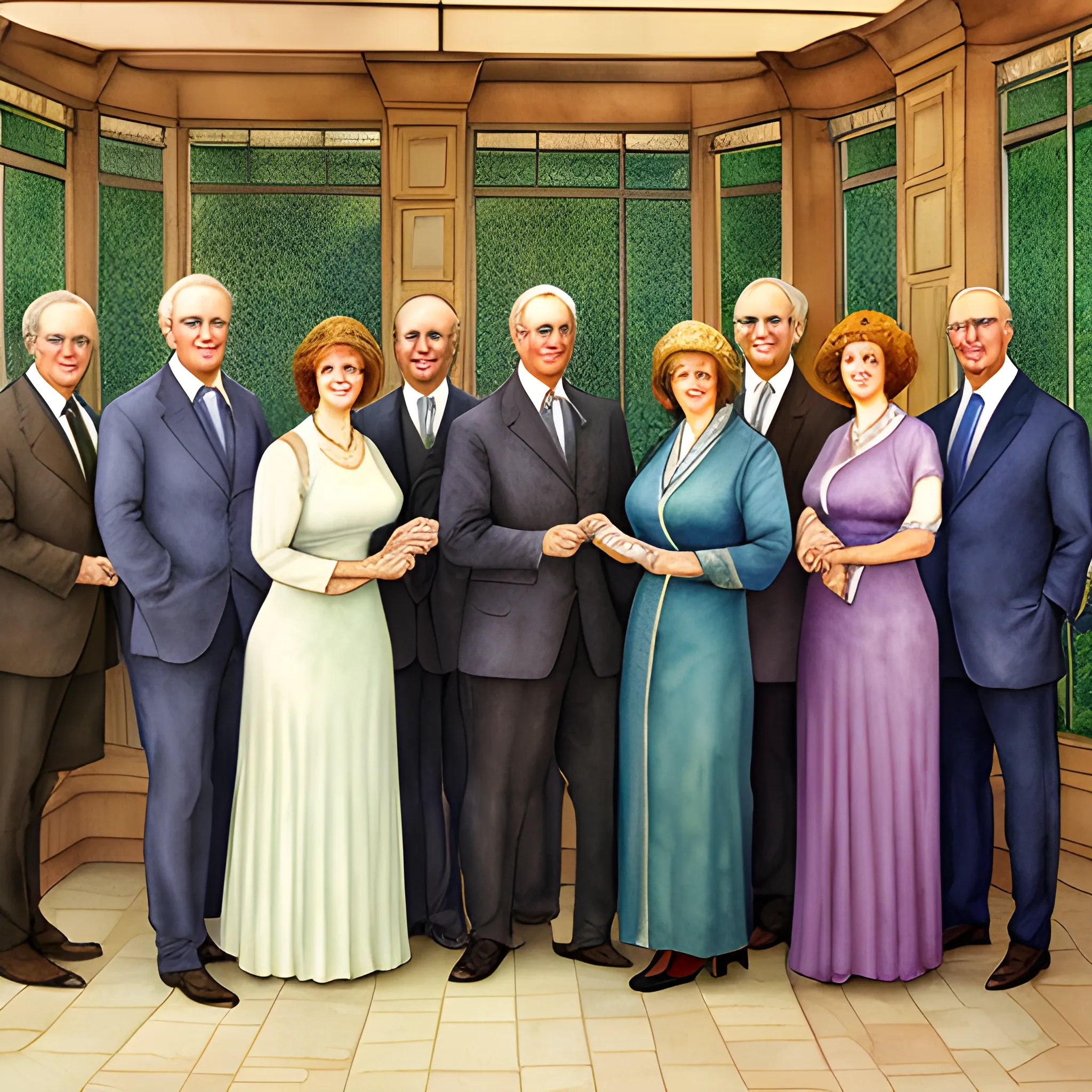 A detailed, photorealistic watercolor portrait of a couple in their sixties with their five young adult daughters and their four young adult sons in the style of Louis Comfort Tiffany's work titled "Education"