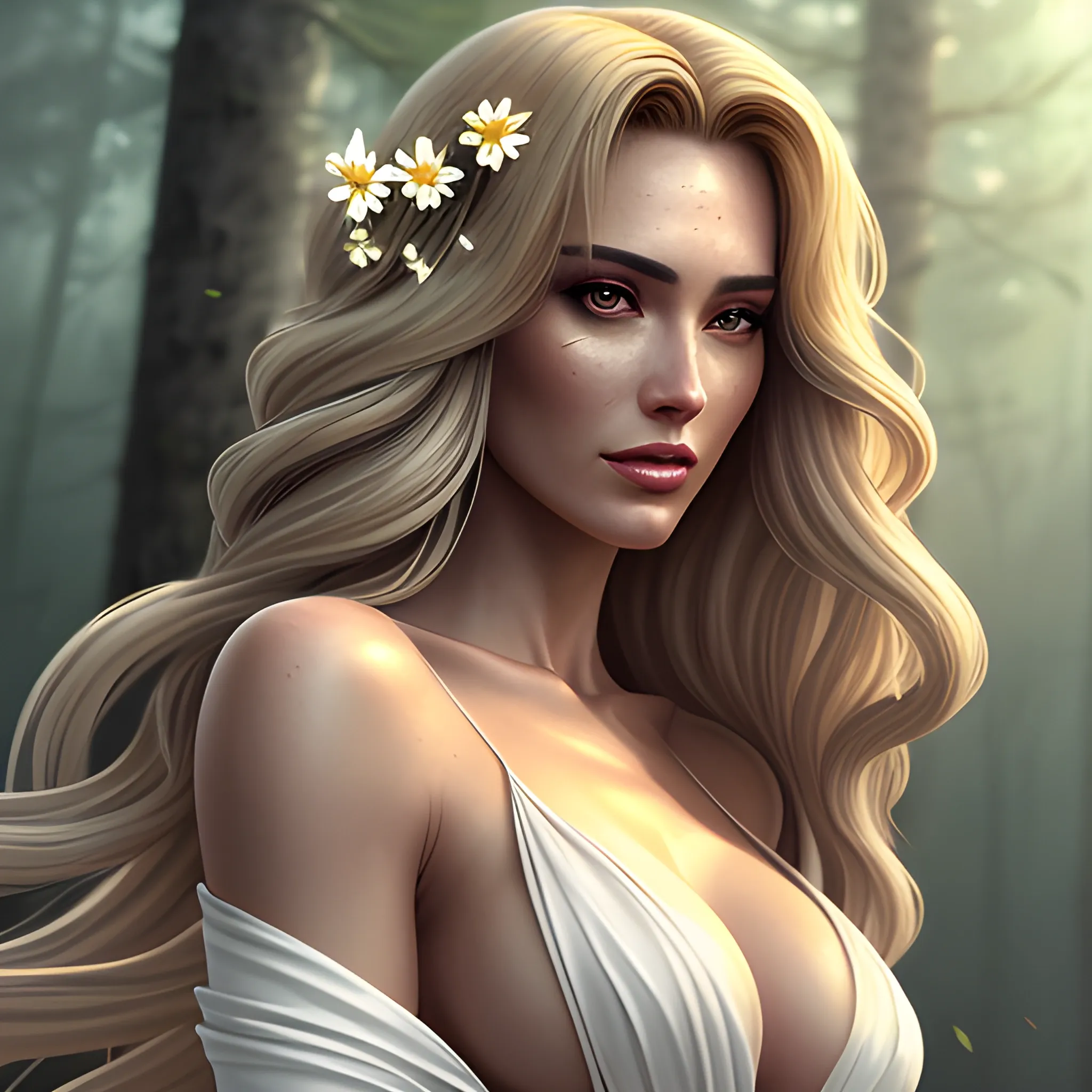 a woman in a white draping robe blowing in the wind with a flower in her hair, full body view, 1girl, solo, long hair blowing in the wind, looking at viewer, golden hair, cascading hair, long hair, navel, jewelry, standing, cascading robe billowing in the breeze, hair long, tan skin, lips, nature, forest, realistic, DeviantArt, highly detailed, highly detailed, dof, fantasy, beautiful, dynamic, lighting, award winning, crisp quality, hyper realistic, hyper detailed, 4k resolution, highly detailed background, digital painting, trending on artstation, close up