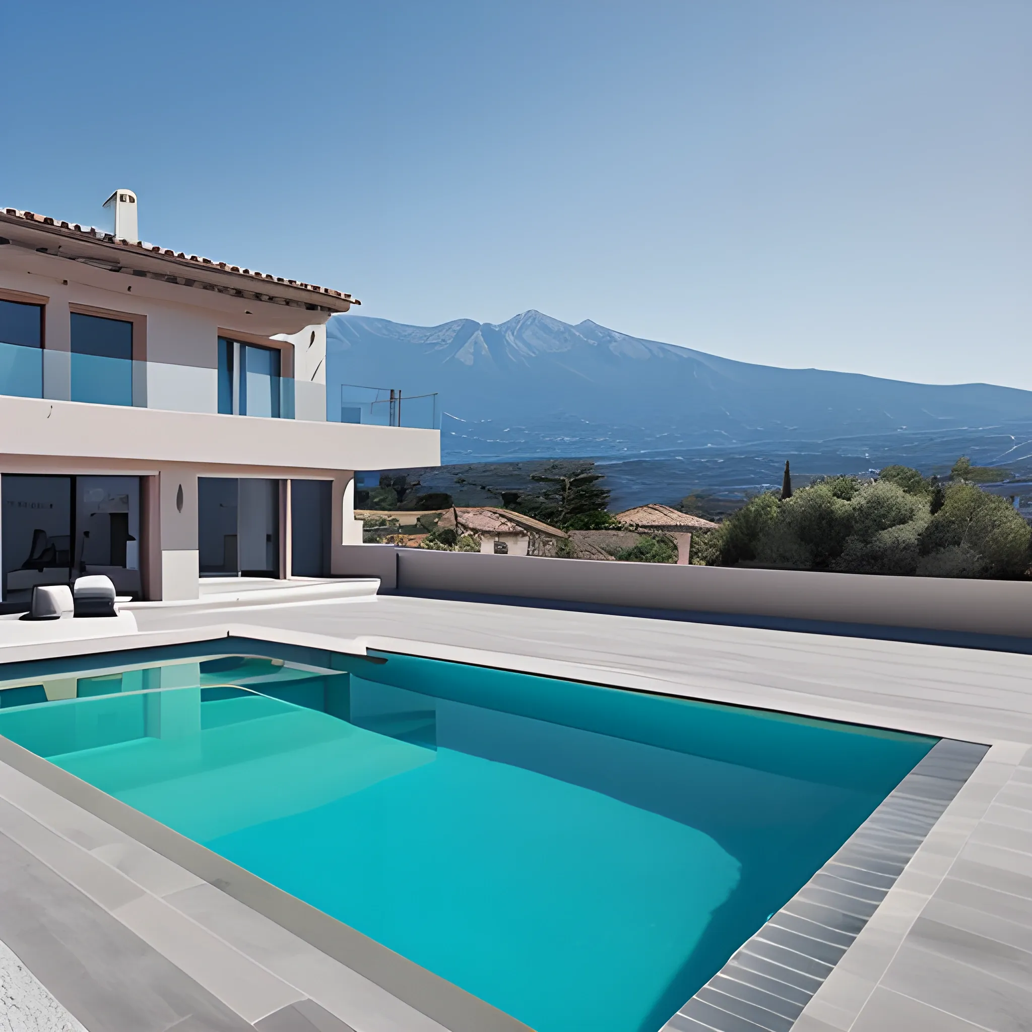 A one story modern villa in dark grey with infinity pool overlooking the mount canigou. A palm tre on the right side of the pool. 
