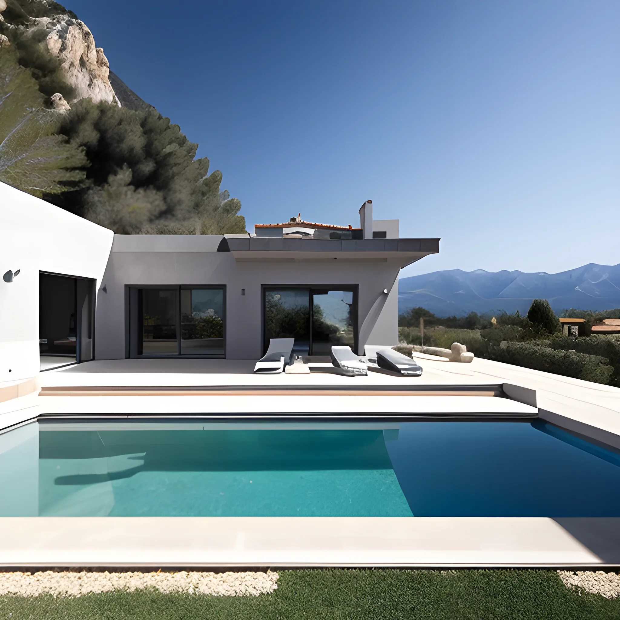 A one story modern villa in dark grey with infinity pool overlooking the mount canigou. A palm tre on the right side of the pool. 
