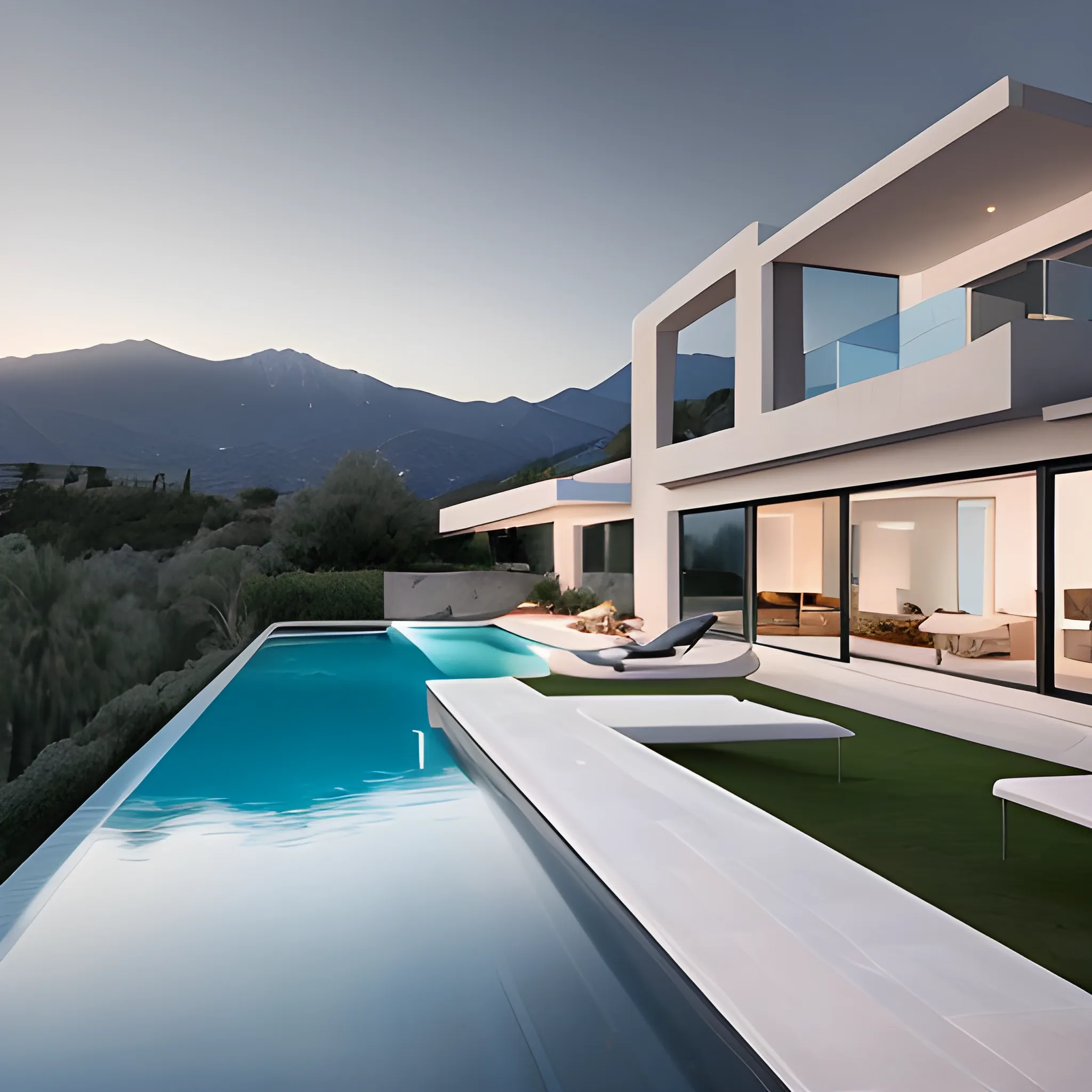 A one story modern villa in dark grey color with infinity pool overlooking the mount canigou. A palm tree on the right side of the pool. 
