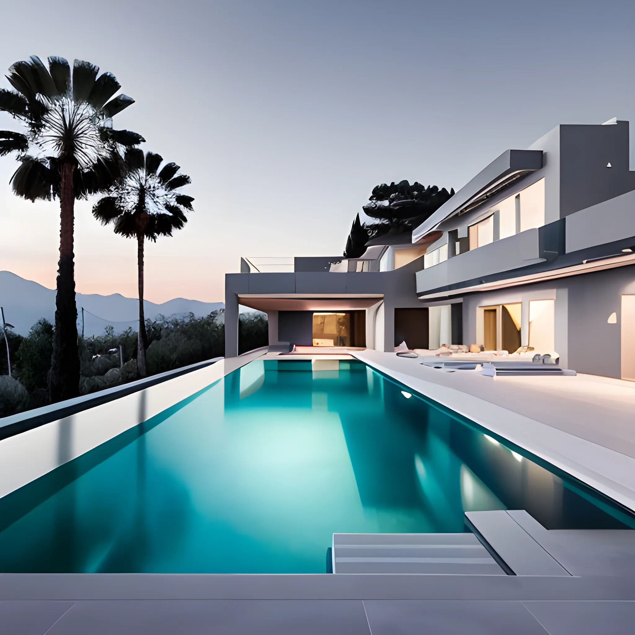A modern villa in dark grey color with infinity pool overlooking the mount canigou. A palm tree on the right side of the pool. 
