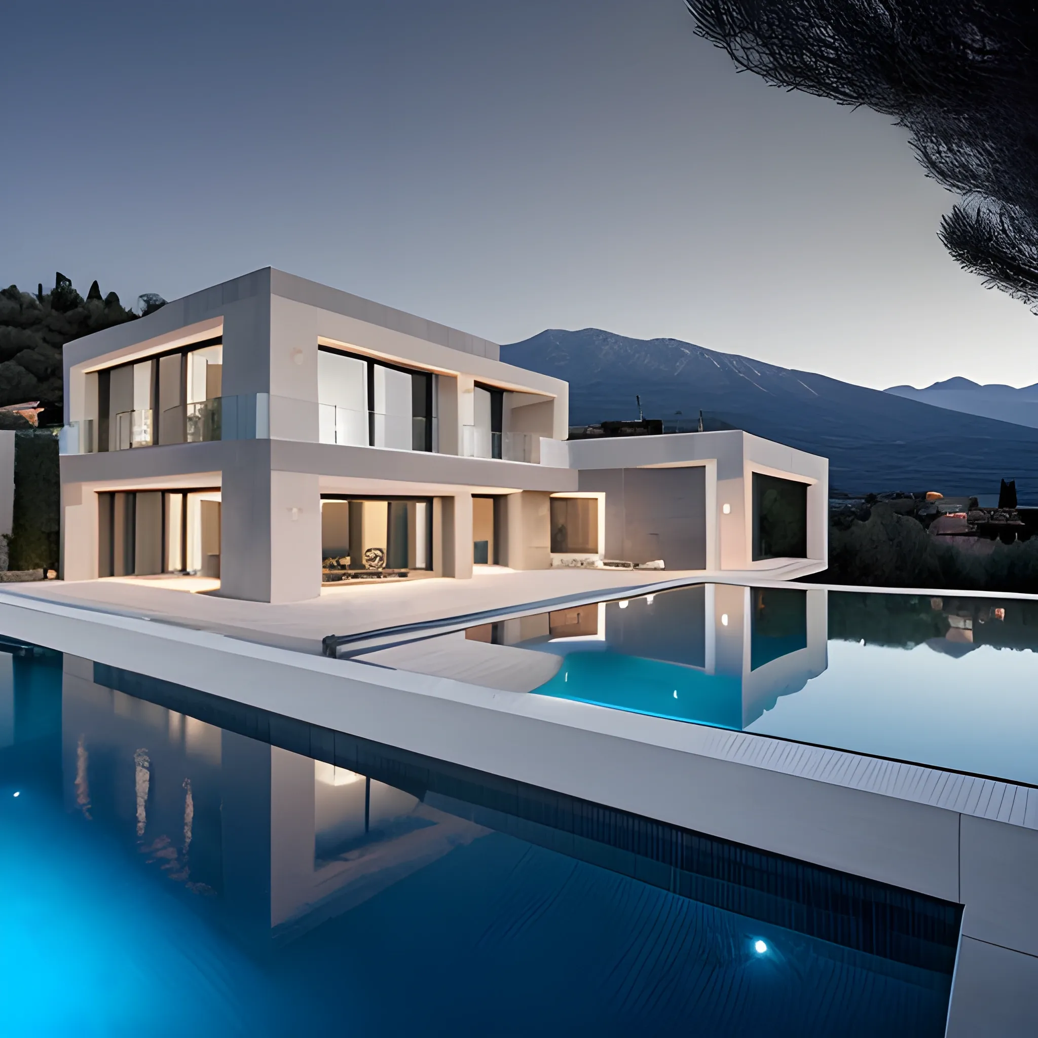 A modern villa in dark grey color with infinity pool overlooking the mount canigou. 
