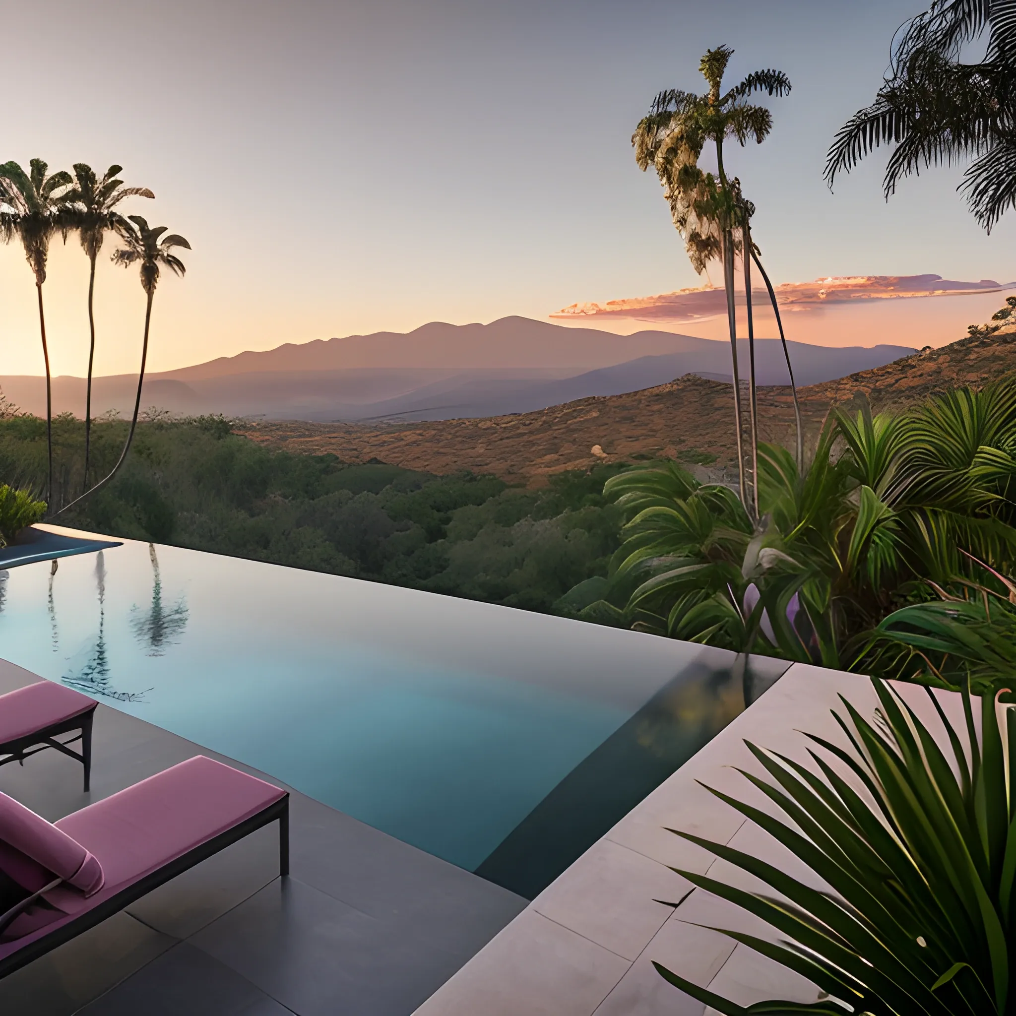 An infinity pool surrounded by dark grey wall on the right (not on the back side towards the landscape view) looking out into the mount Canigou landscape. One palm tree in a jungle garden on the left. Golden hour with a pink hue. West Anderson style. 
