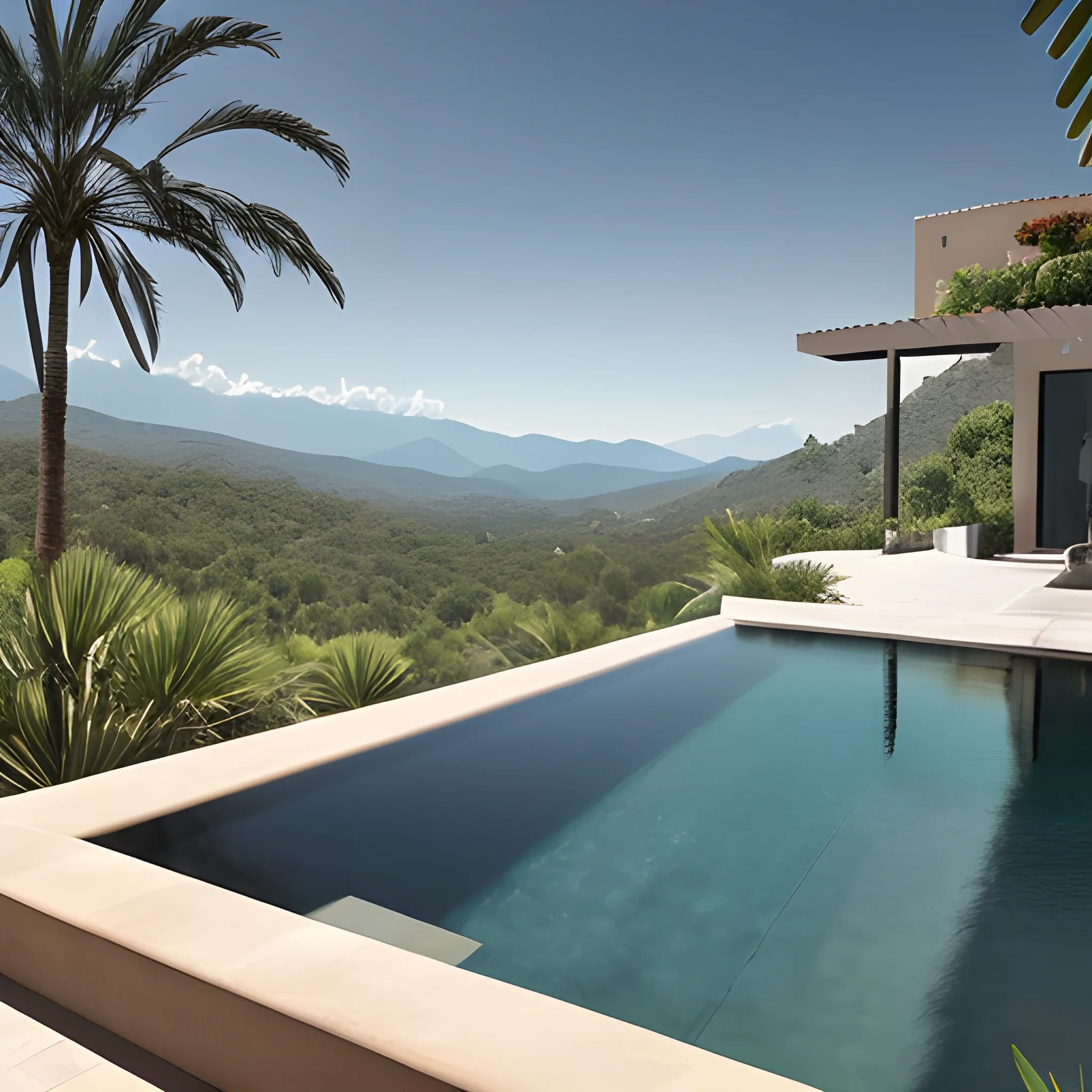 An infinity pool surrounded by dark grey wall on the right (not on the back side towards the landscape view) looking out into the mount Canigou landscape. One palm tree in a jungle garden on the left. 
