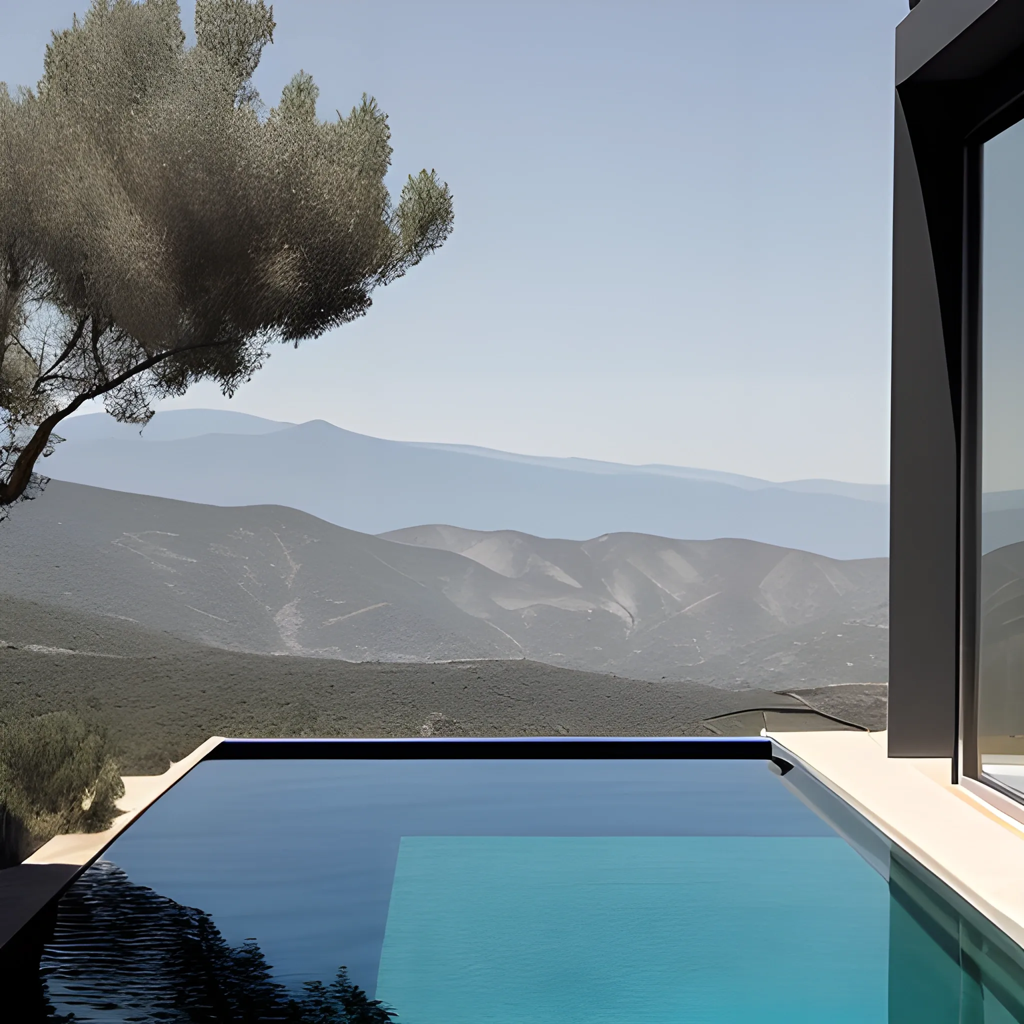 An infinity pool surrounded by dark grey wall on the right (not on the back side towards the landscape view) looking out into the mount Canigou landscape. 
