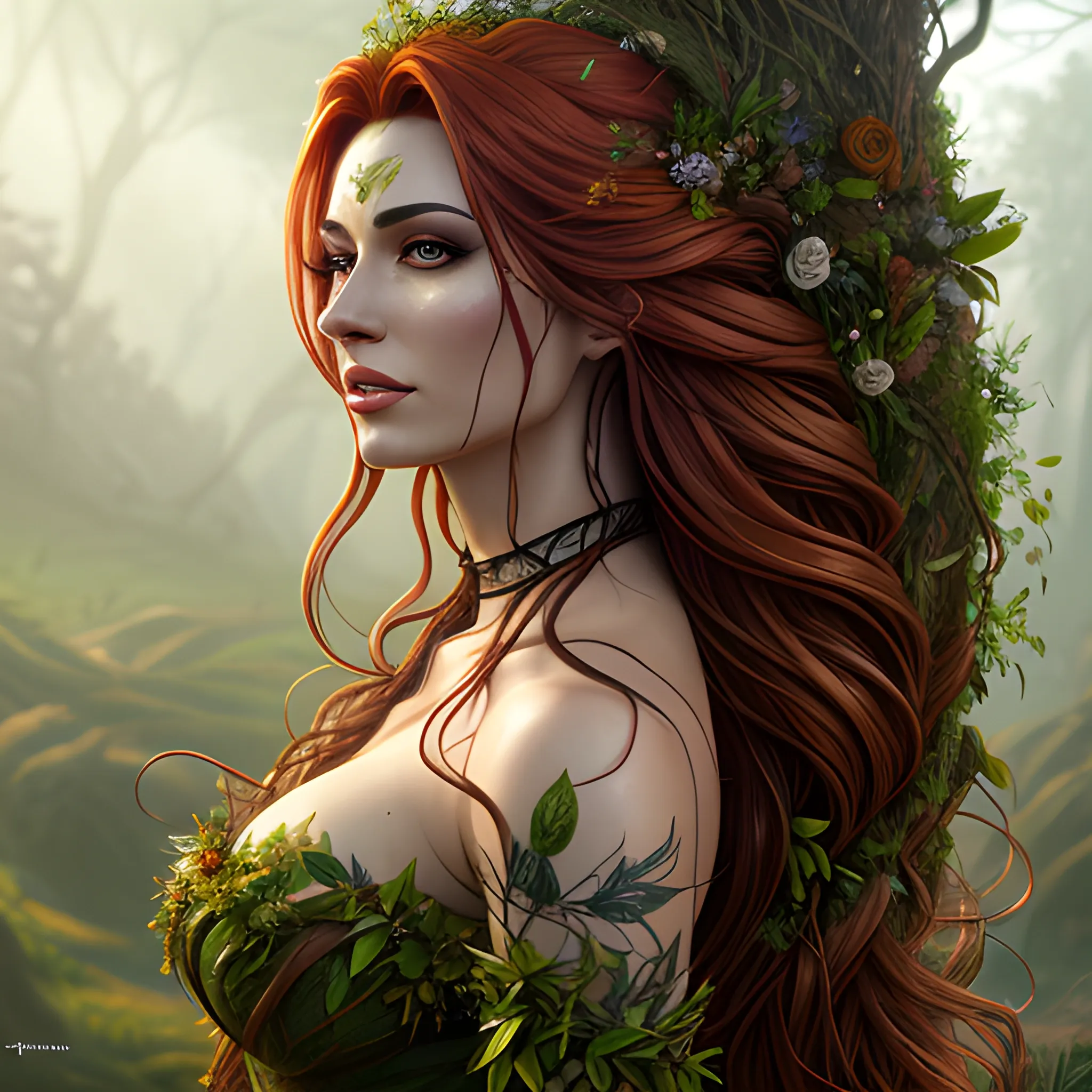 Attire made of plants leaves and vines, a woman with hair blowing in the wind, flowers in her hair, full body view, 1girl, solo, long hair blowing in the wind, looking at viewer, red hair, cascading hair, long hair, druid, standing, druid outfit made of vines and leaves, billowing in the breeze, hair long, tan skin, lips, nature, forest, realistic, DeviantArt, highly detailed, highly detailed, dof, fantasy, beautiful flower background, dynamic, lighting, award winning, crisp quality, hyper realistic, hyper detailed, 4k resolution, highly detailed background, digital painting, trending on artstation, close up