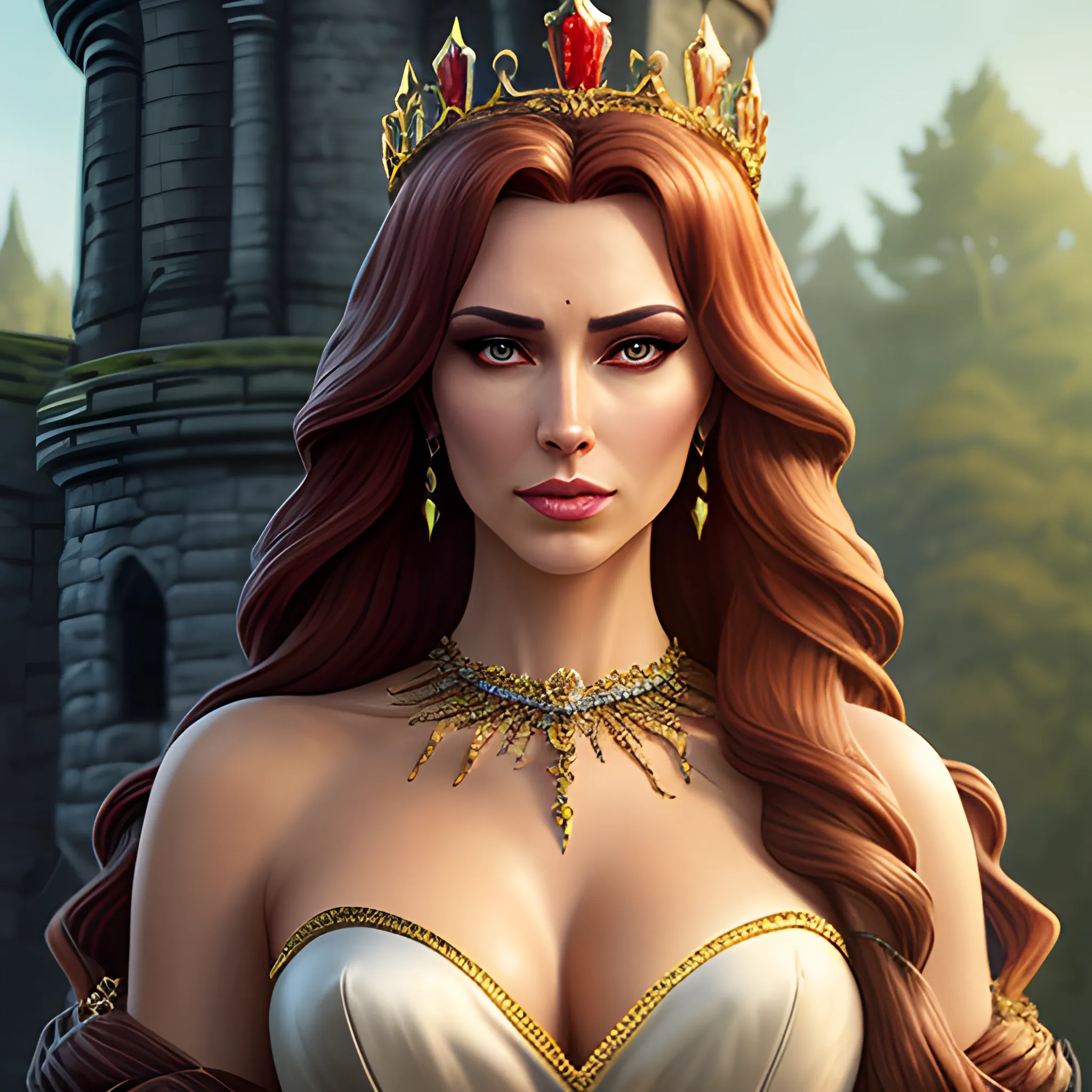 Queen, royal, a woman in a fine detailed gown, full body view, close up, 1girl, solo, long hair, crown on head, looking at viewer, scarlet hair, hair ornament, jewelry, standing, beautiful dress, long hair, tan skin, lips, castle gate background, castle gate, realistic, DeviantArt, highly detailed, highly detailed, dof, fantasy, beautiful, dynamic, lighting, award winning, crisp quality,hyper realistic,hyper detailed, 4k resolution, highly detailed background, digital painting, trending on artstation