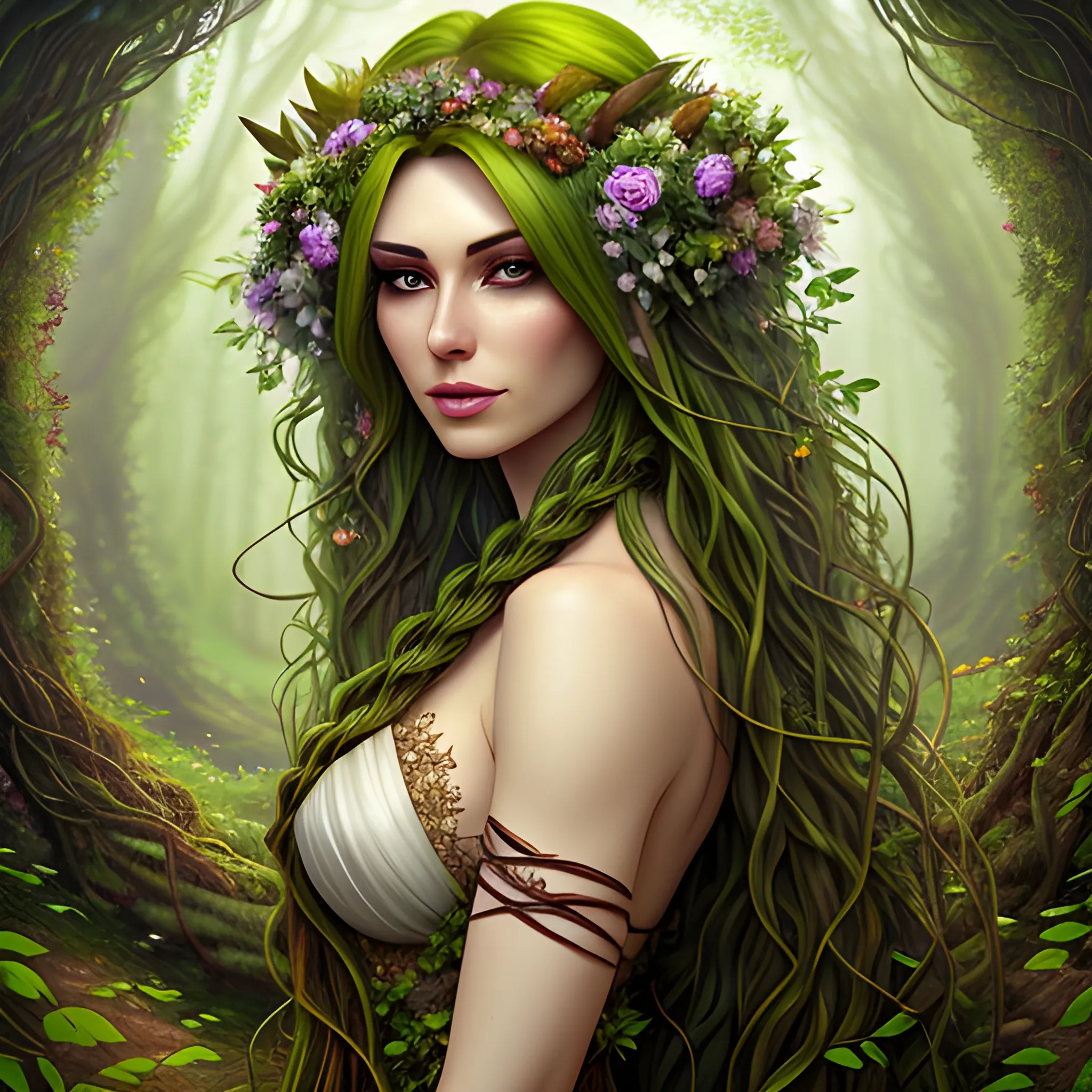 Beautiful woodland background, Attire made of plants leaves and vines, a dryad woman with hair blowing in the wind, flowers in her hair, full body view, dryad girl, solo, long hair blowing in the wind, looking at viewer, green hair, cascading hair, long hair, vines woven into long hair, druid, standing, druid outfit made of vines and leaves, billowing in the breeze, hair long, tan skin, lips, nature, forest, realistic, DeviantArt, highly detailed, highly detailed, dof, fantasy, beautiful flower background, dynamic, lighting, award winning, crisp quality, hyper realistic, hyper detailed, 4k resolution, highly detailed background, digital painting, trending on artstation, close up,