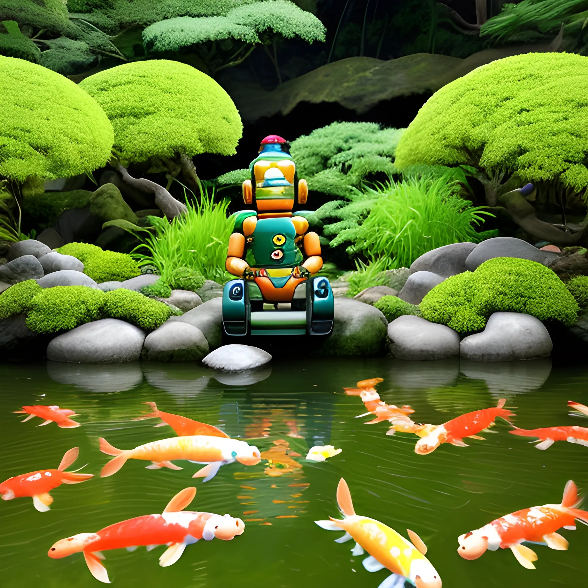 Exotic forest with beautiful nature and with clean clear water reservoir in which swim koi carp, and on the shore on the rocks in Japanese style sit and meditate robot Bender from Futurama and Homer Simpson.