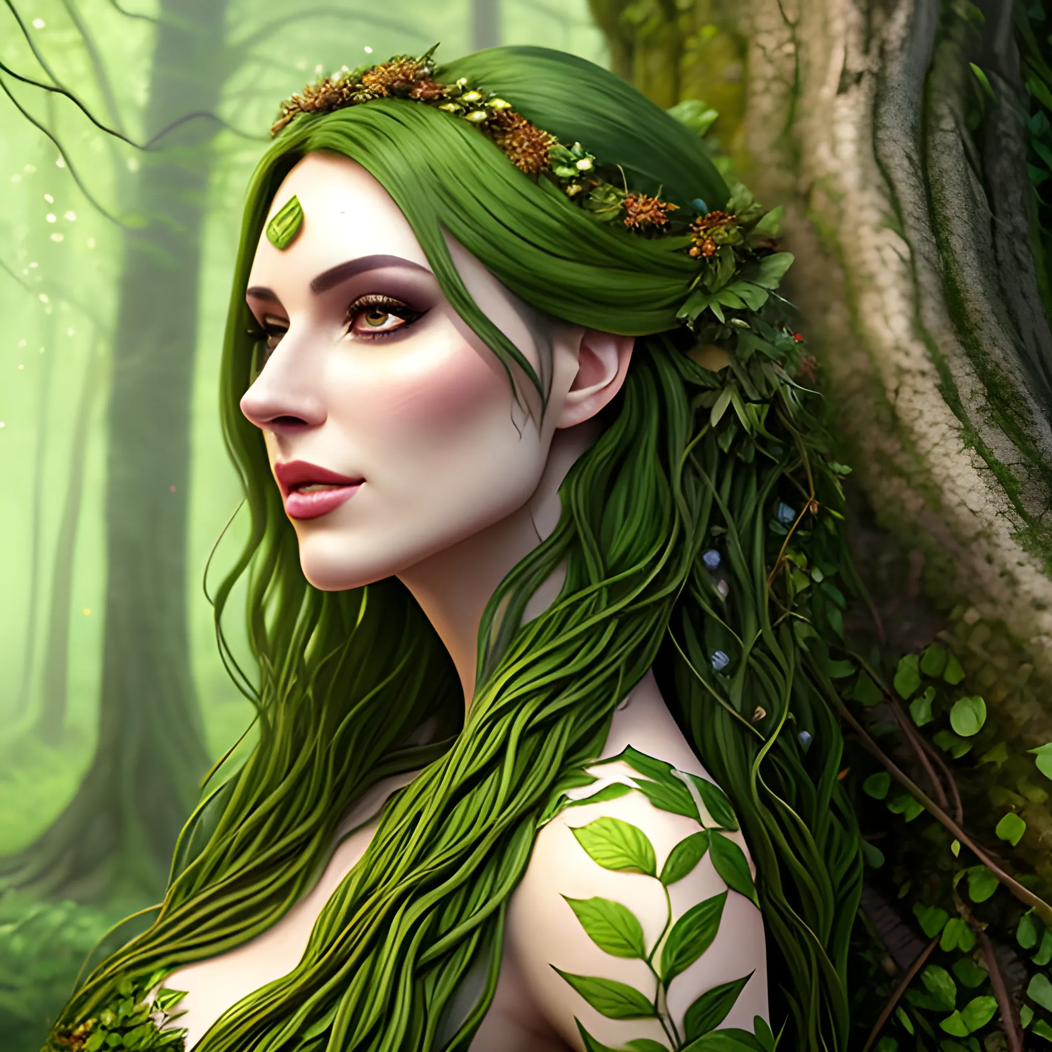 Beautiful woodland background, Attire made of plants leaves and vines, a dryad woman with hair blowing in the wind, flowers in her hair, full body view, dryad girl, solo, long hair blowing in the wind, looking at viewer, green hair, cascading hair, long hair, vines woven into long hair, druid, dryad druid, standing, druid outfit made of vines and leaves, billowing in the breeze, hair long, light green skin, lips, nature, forest, realistic, DeviantArt, highly detailed, highly detailed, dof, fantasy, beautiful flower background, dynamic, lighting, award winning, crisp quality, hyper realistic, hyper detailed, 4k resolution, highly detailed background, digital painting, trending on artstation, close up,