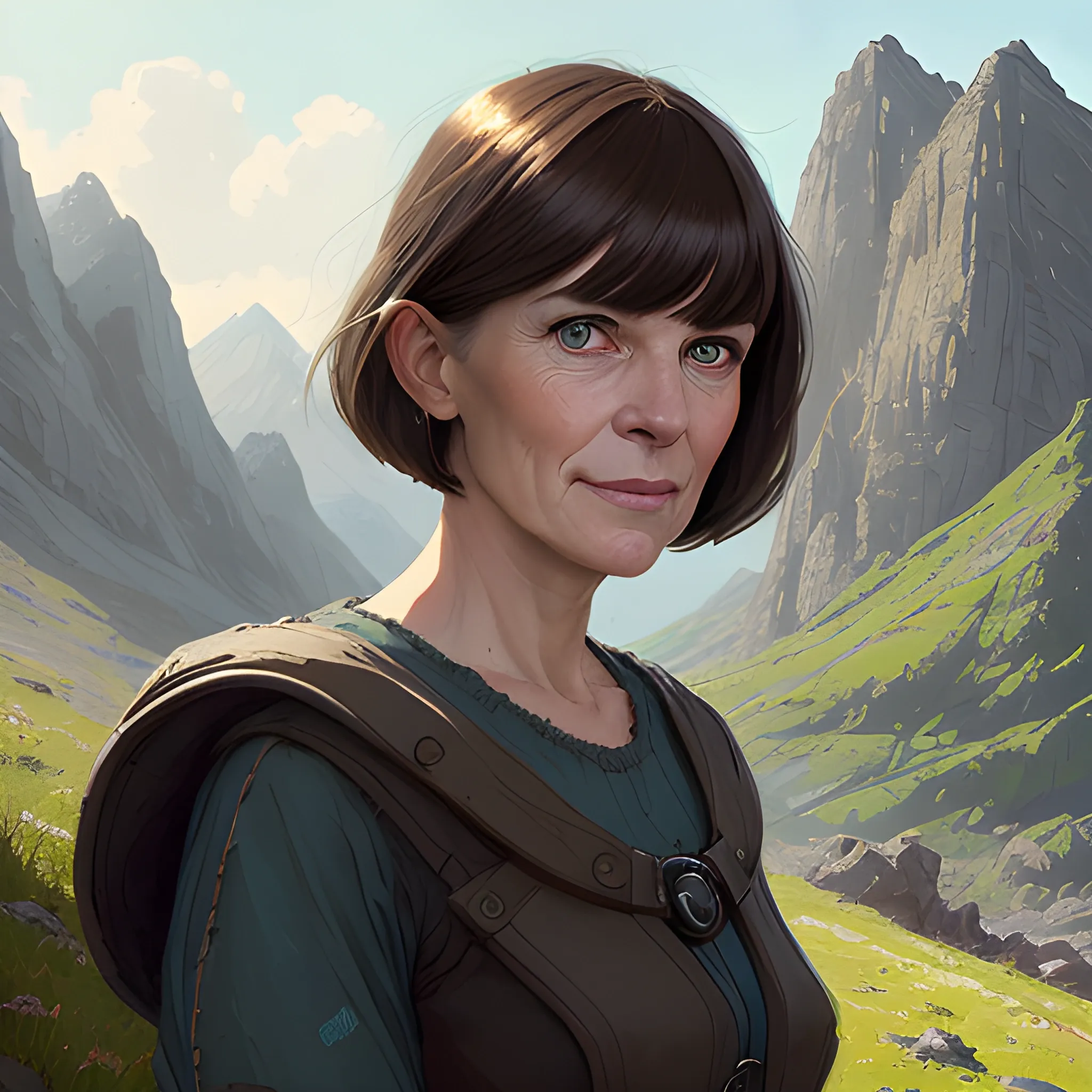 portrait of a midle aged woman by Greg Rutkowski, brown hair with timeless bob with bangs, attractive, symmetrical, kind, strong, smiling, manly, nice, highly detailed portrait, bright open green/blue eyes, mountain scape in background, scifi, realistic digital painting, 