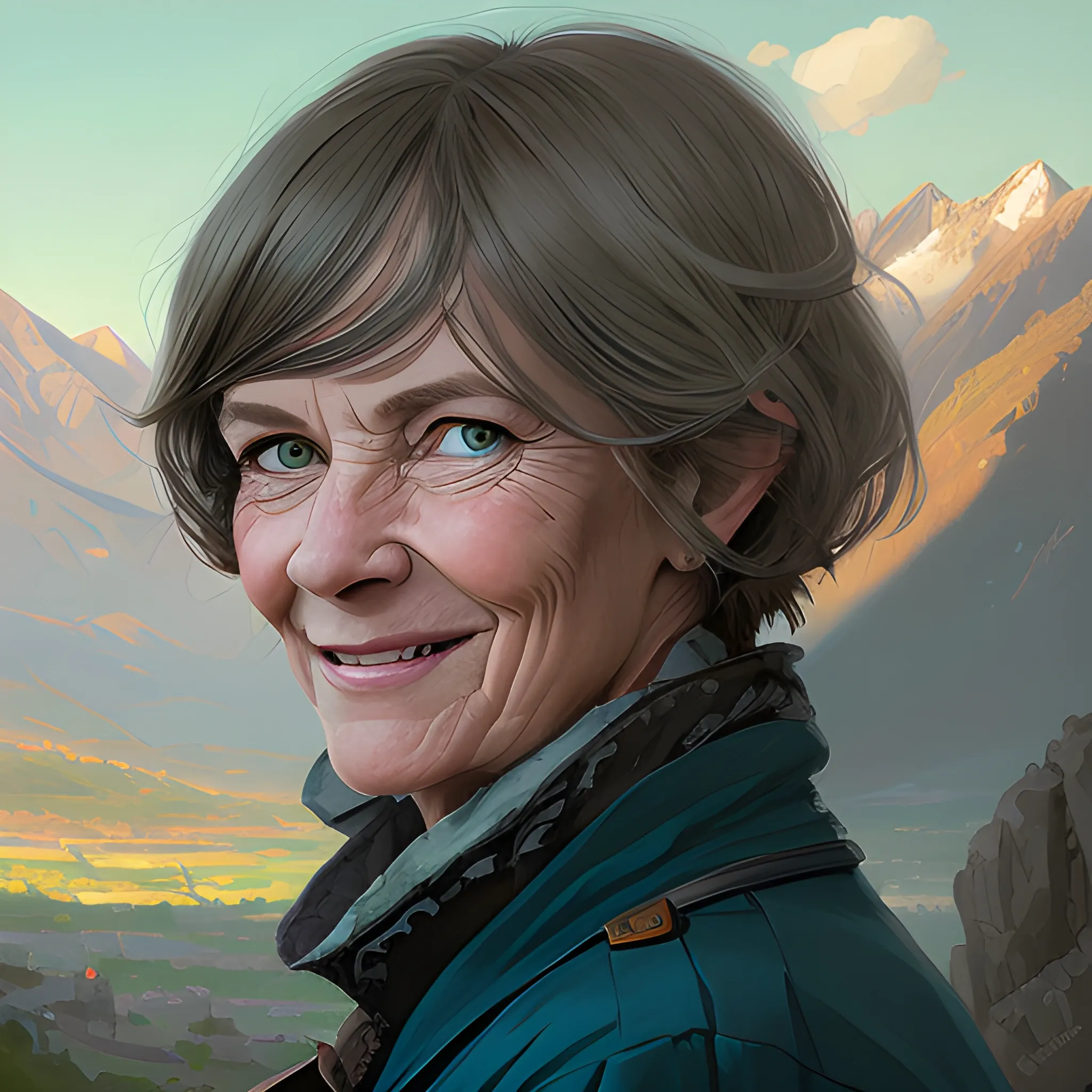 portrait of a midle aged woman by Greg Rutkowski, dark blond hair with timeless bob with bangs, attractive, symmetrical, kind, strong, smiling, highly detailed portrait, bright open green/blue eyes, mont canigou landscape in background, realistic digital art 