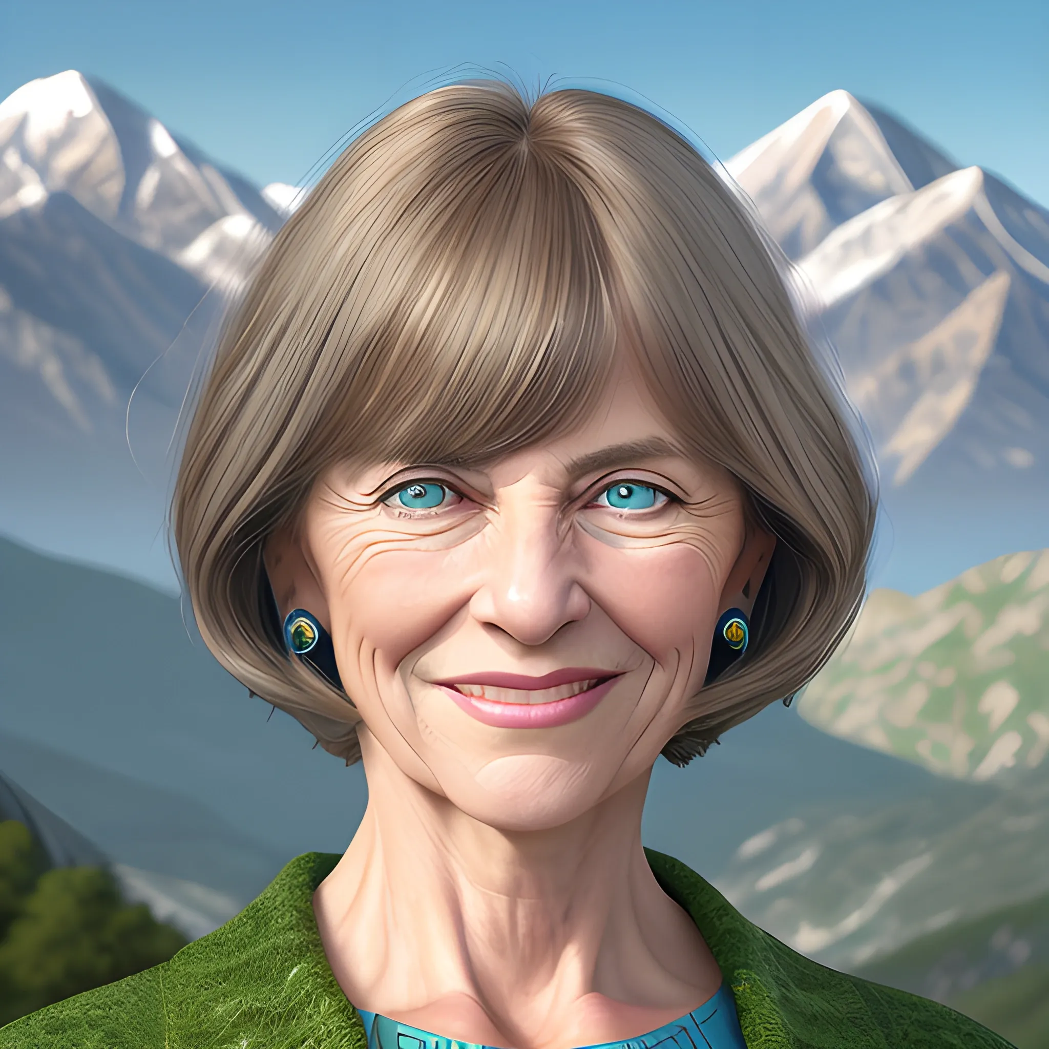 portrait of a midle aged woman, dark blond hair with timeless bob with bangs, attractive, symmetrical, kind, strong, smiling, highly detailed portrait, bright open green/blue eyes, mont canigou landscape in background, realistic digital art 