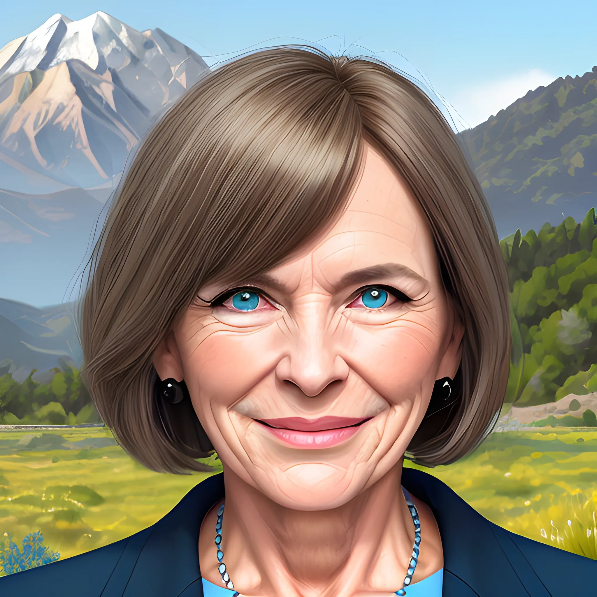 portrait of a 40 plus aged woman, dark blond hair with timeless bob with bangs, attractive, symmetrical, kind, strong, smiling, highly detailed portrait, bright open green/blue eyes, mont canigou landscape in background, realistic digital art 