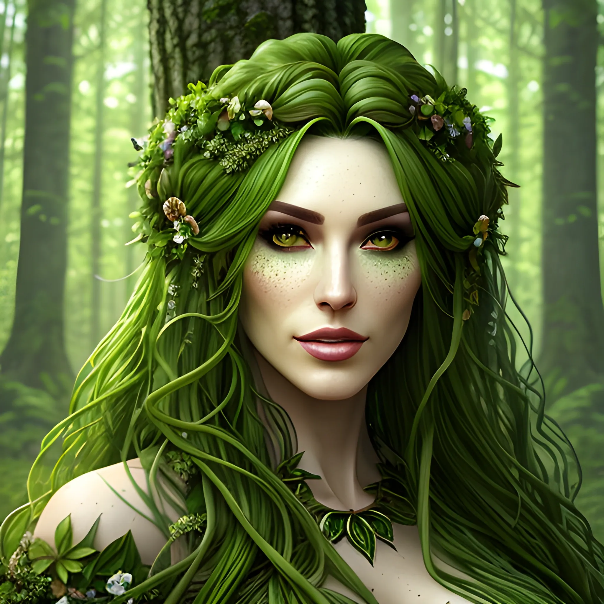 Beautiful woodland background, Attire made of plants leaves and vines, a green skinned dryad woman with hair blowing in the wind, flowers in her hair, full body view, dryad girl, solo, long hair blowing in the wind, looking at viewer, green hair, cascading hair, long hair, vines woven into long hair, druid, green dryad druid, standing, druid outfit made of vines and leaves, billowing in the breeze, hair long, green skin, lips, nature, forest, realistic, DeviantArt, highly detailed, highly detailed, dof, fantasy, beautiful flower background, dynamic, lighting, award winning, crisp quality, hyper realistic, hyper detailed, 4k resolution, highly detailed background, digital painting, trending on artstation, close up,