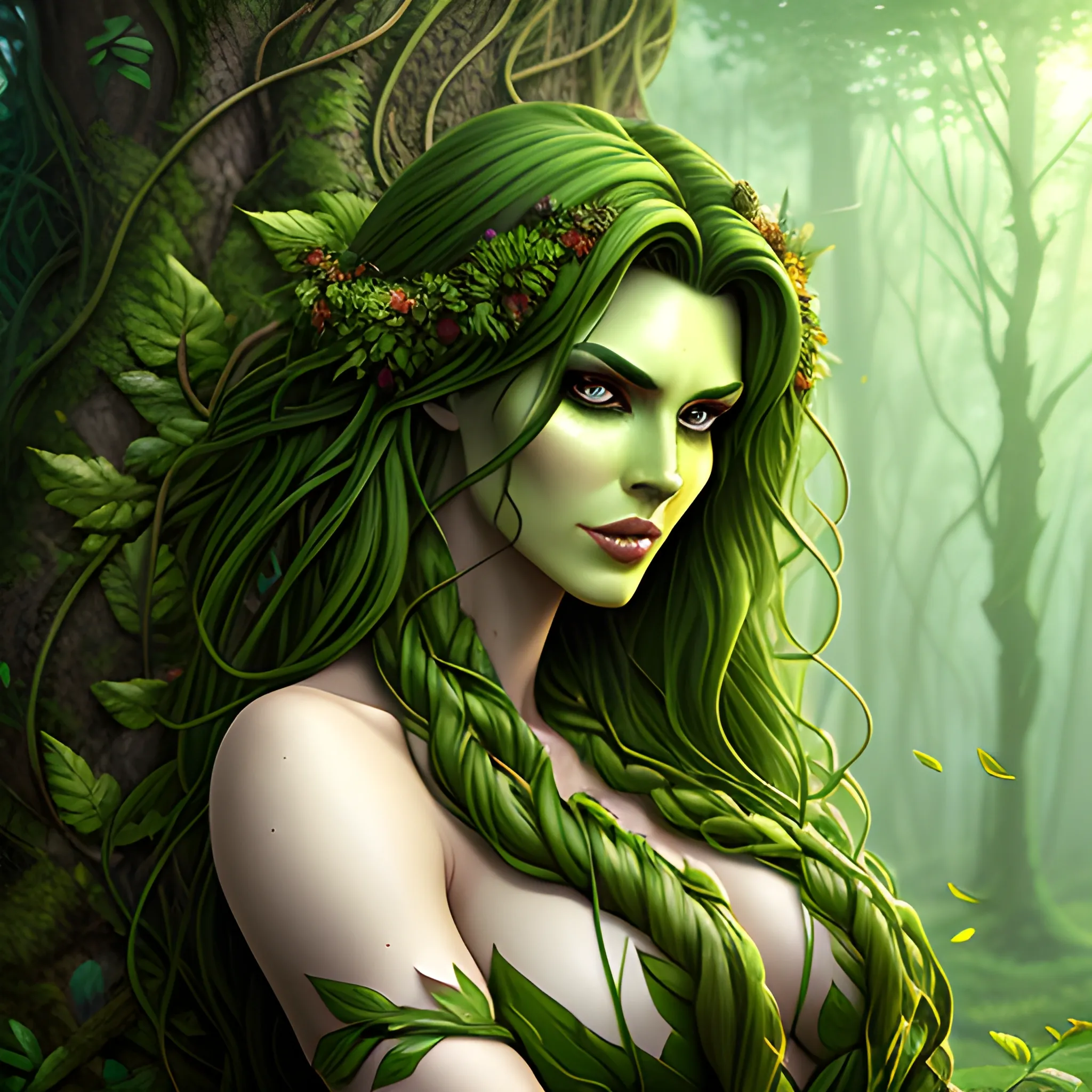 She hulk, Beautiful woodland background, Attire made of plants leaves and vines, a green skinned dryad woman with hair blowing in the wind, flowers in her hair, full body view, green skinned dryad girl, solo, long hair blowing in the wind, looking at viewer, green hair, cascading hair, long hair, vines woven into long hair, druid, green dryad druid, standing, druid outfit made of vines and leaves, billowing in the breeze, hair long, green skin, lips, nature, forest, realistic, DeviantArt, highly detailed, highly detailed, dof, fantasy, beautiful flower background, dynamic, lighting, award winning, crisp quality, hyper realistic, hyper detailed, 4k resolution, highly detailed background, digital painting, trending on artstation, close up