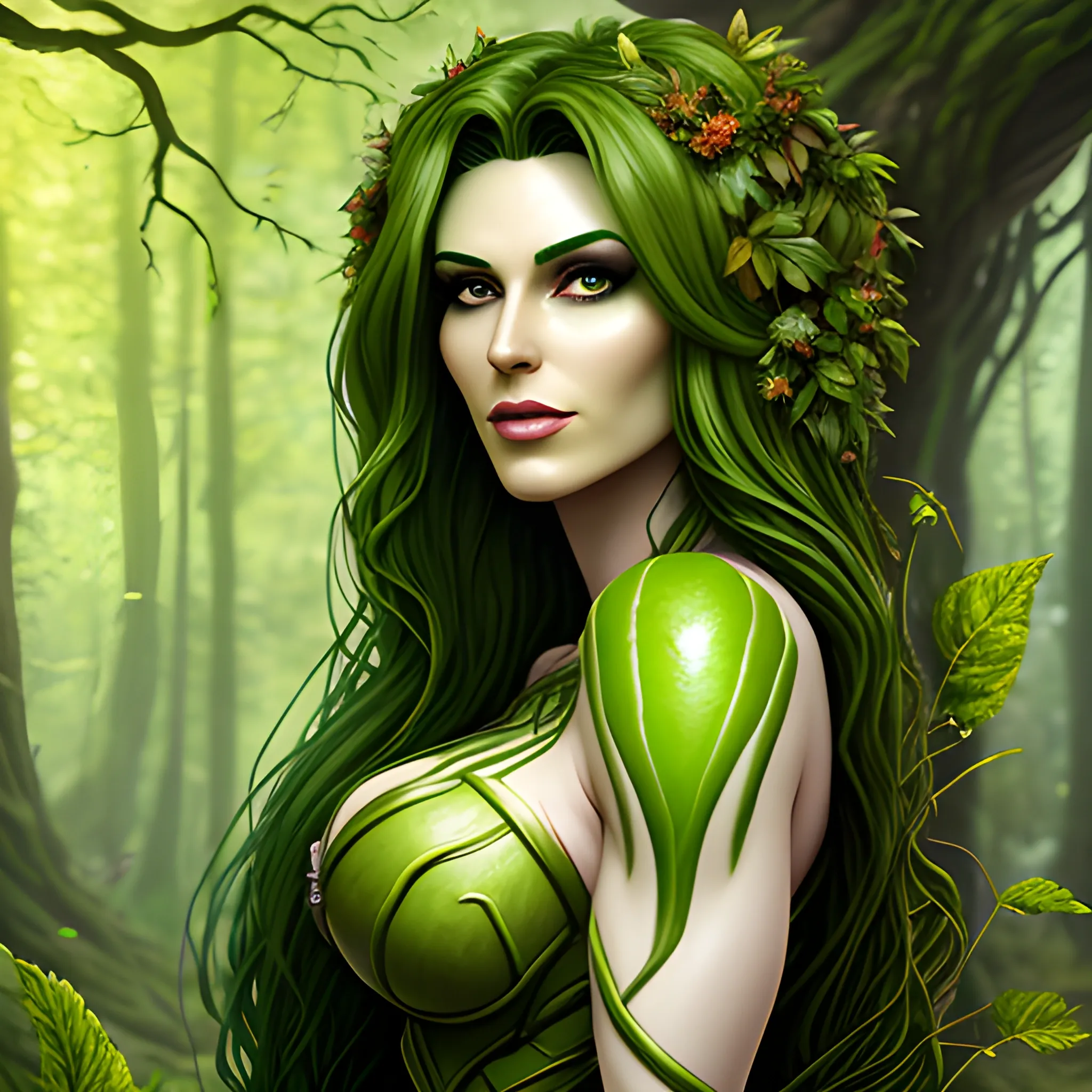 She hulk, green girl, Beautiful woodland background, green skin, Attire made of plants leaves and vines, a green skinned dryad woman with hair blowing in the wind, flowers in her hair, full body view, green skinned dryad girl, solo, long hair blowing in the wind, looking at viewer, green hair, cascading hair, long hair, vines woven into long hair, druid, green dryad druid, standing, druid outfit made of vines and leaves, billowing in the breeze, hair long, green skin, lips, nature, forest, realistic, DeviantArt, highly detailed, highly detailed, dof, fantasy, beautiful flower background, dynamic, lighting, award winning, crisp quality, hyper realistic, hyper detailed, 4k resolution, highly detailed background, digital painting, trending on artstation, close up