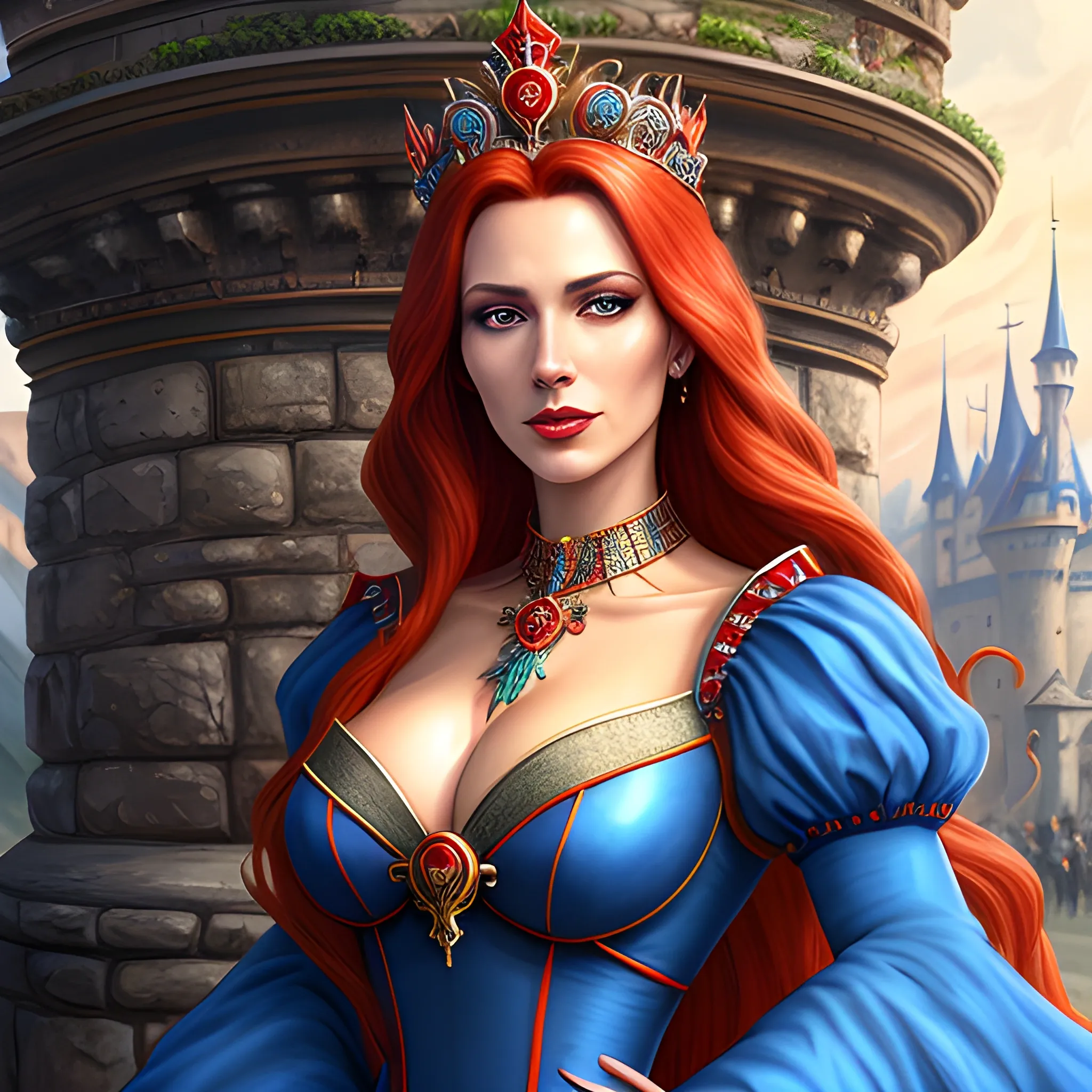 Queen, royal, a woman in a fine detailed blue and red gown, full body view, close, 1girl, solo, long crimson hair, up close, long scarlet hair, crown on head, looking at viewer, scarlet crimson hair, hair ornament, jewelry, standing, beautiful blue and red regal dress, long hair, tan skin, lips, castle gate background, castle gate, realistic, DeviantArt, highly detailed, highly detailed, dof, fantasy, beautiful, dynamic, lighting, award winning, crisp quality,hyper realistic,hyper detailed, 4k resolution, highly detailed background, digital painting, trending on artstation, artstastion
