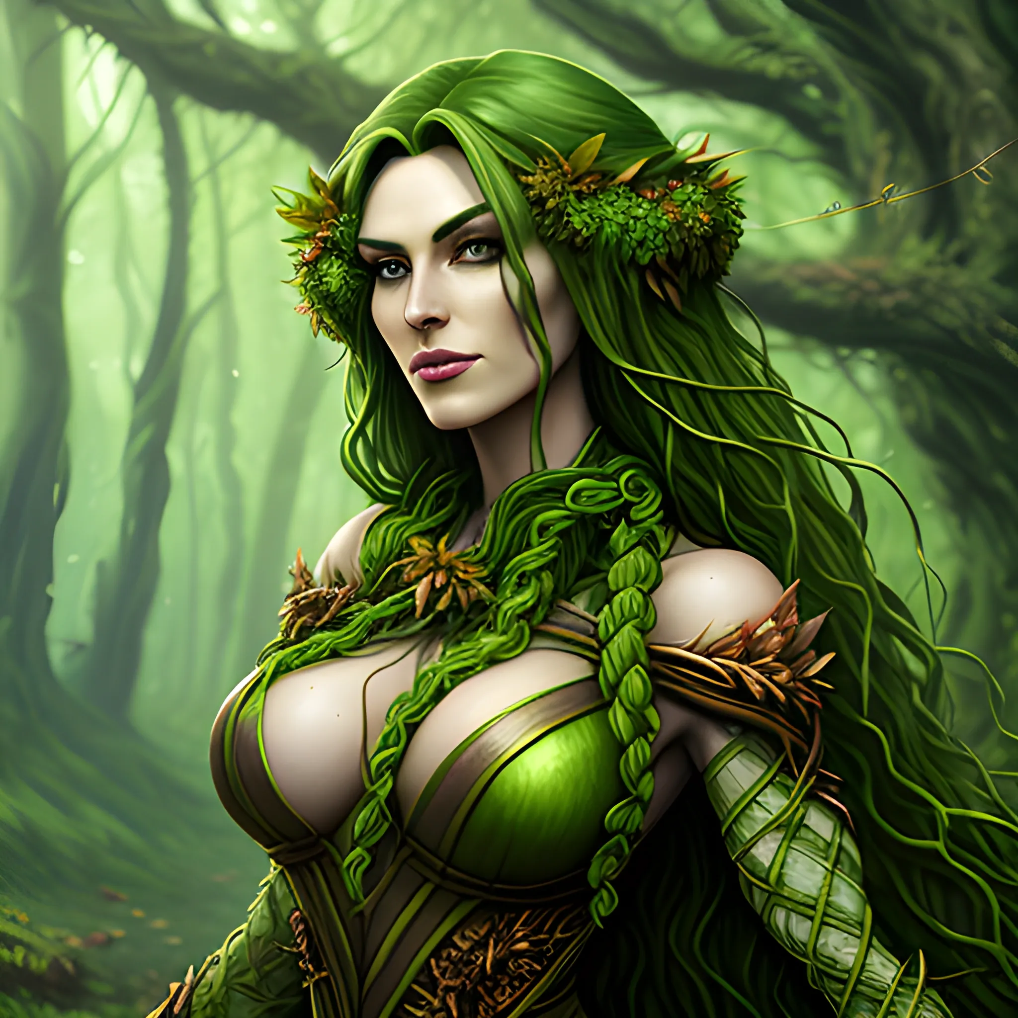 She hulk, green girl, Beautiful woodland background, leaf and vine clothes, green skin, Attire made of plants leaves and vines, a green skinned dryad woman with hair blowing in the wind, flowers in her hair, full body view, green skinned dryad girl, solo, long hair blowing in the wind, looking at viewer, green hair, cascading hair, long hair, vines woven into long hair, druid, green dryad druid, standing, druid outfit made of vines and leaves, billowing in the breeze, hair long, green skin, lips, nature, forest, realistic, DeviantArt, highly detailed, highly detailed, dof, fantasy, beautiful flower background, dynamic, lighting, award winning, crisp quality, hyper realistic, hyper detailed, 4k resolution, highly detailed background, digital painting, trending on artstation, close up,