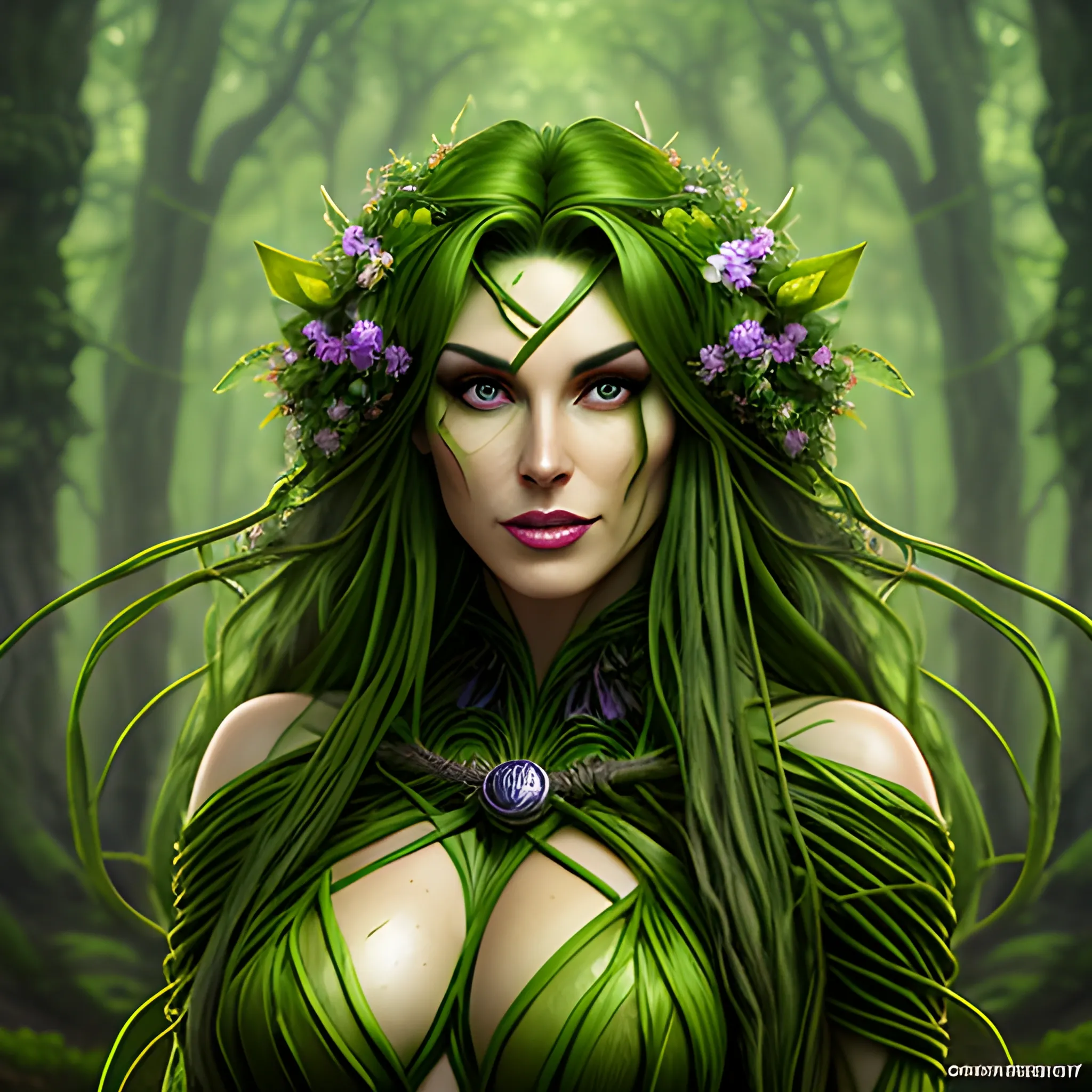 She hulk, green girl, Beautiful woodland background, leaf and vine clothes, green skin, Attire made of plants leaves and vines, a green skinned dryad woman with hair blowing in the wind, flowers in her hair, full body view, green skinned dryad girl, solo, long hair blowing in the wind, looking at viewer, green hair, cascading hair, long hair, vines woven into long hair, druid, green dryad druid, standing, druid outfit made of vines and leaves, billowing in the breeze, hair long, green skin, lips, nature, forest, realistic, DeviantArt, highly detailed, highly detailed, dof, fantasy, beautiful flower background, dynamic, lighting, award winning, crisp quality, hyper realistic, hyper detailed, 4k resolution, highly detailed background, digital painting, trending on artstation, close up